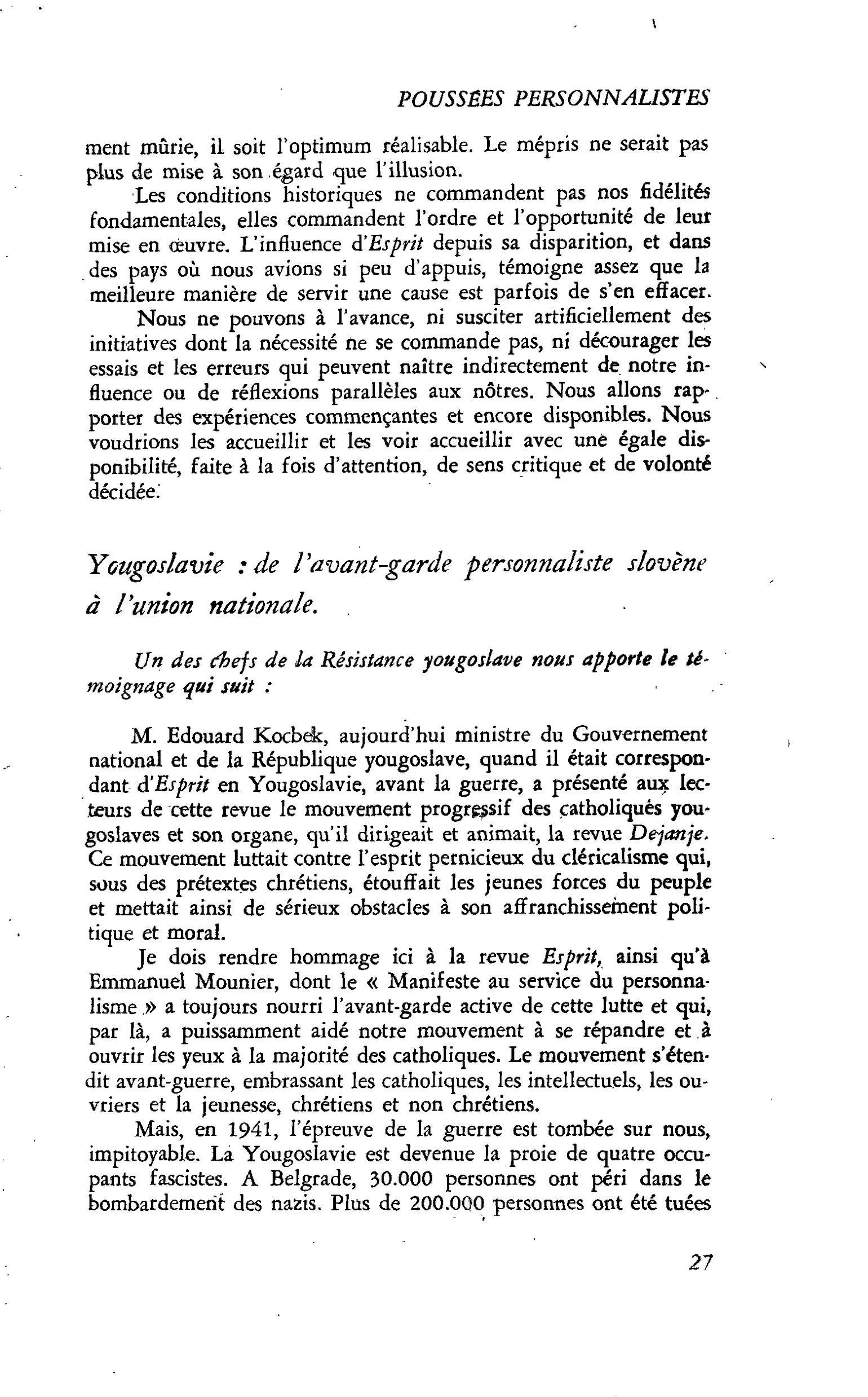 Poussées personnalistes hors de France. Yougoslavie : de l’avant-garde personnaliste slovène à l’union nationale