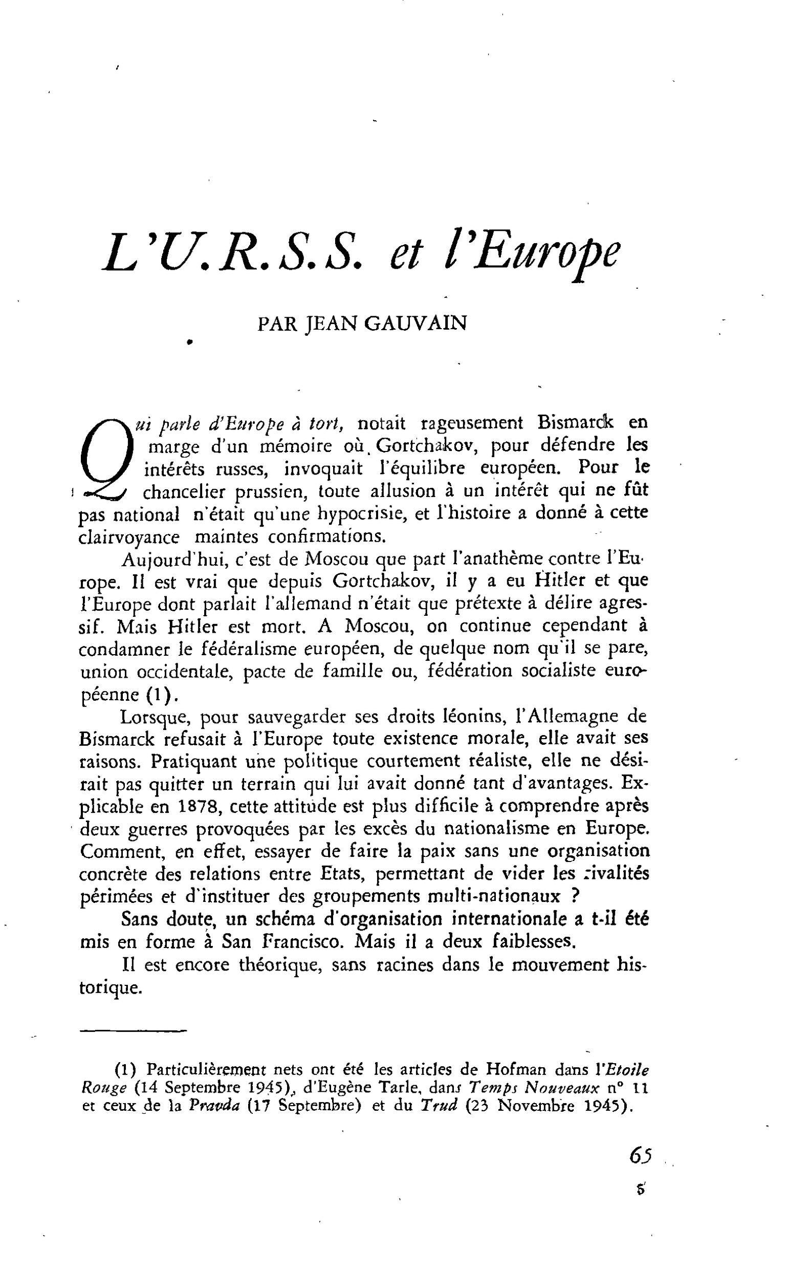 L’U.R.S.S. et l’Europe