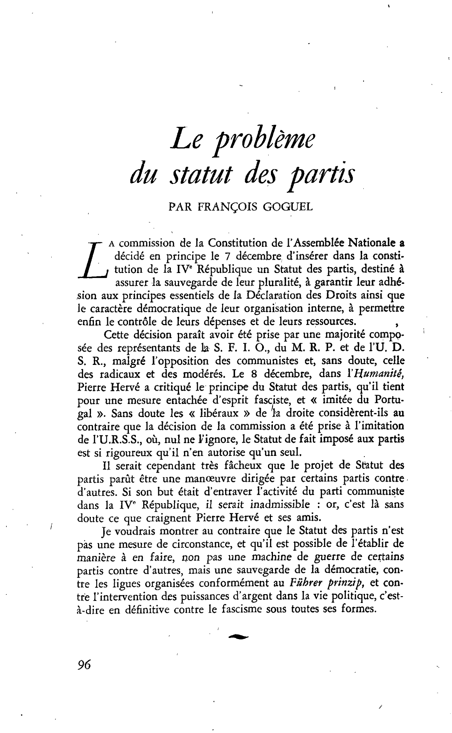 Le problème du statut des partis