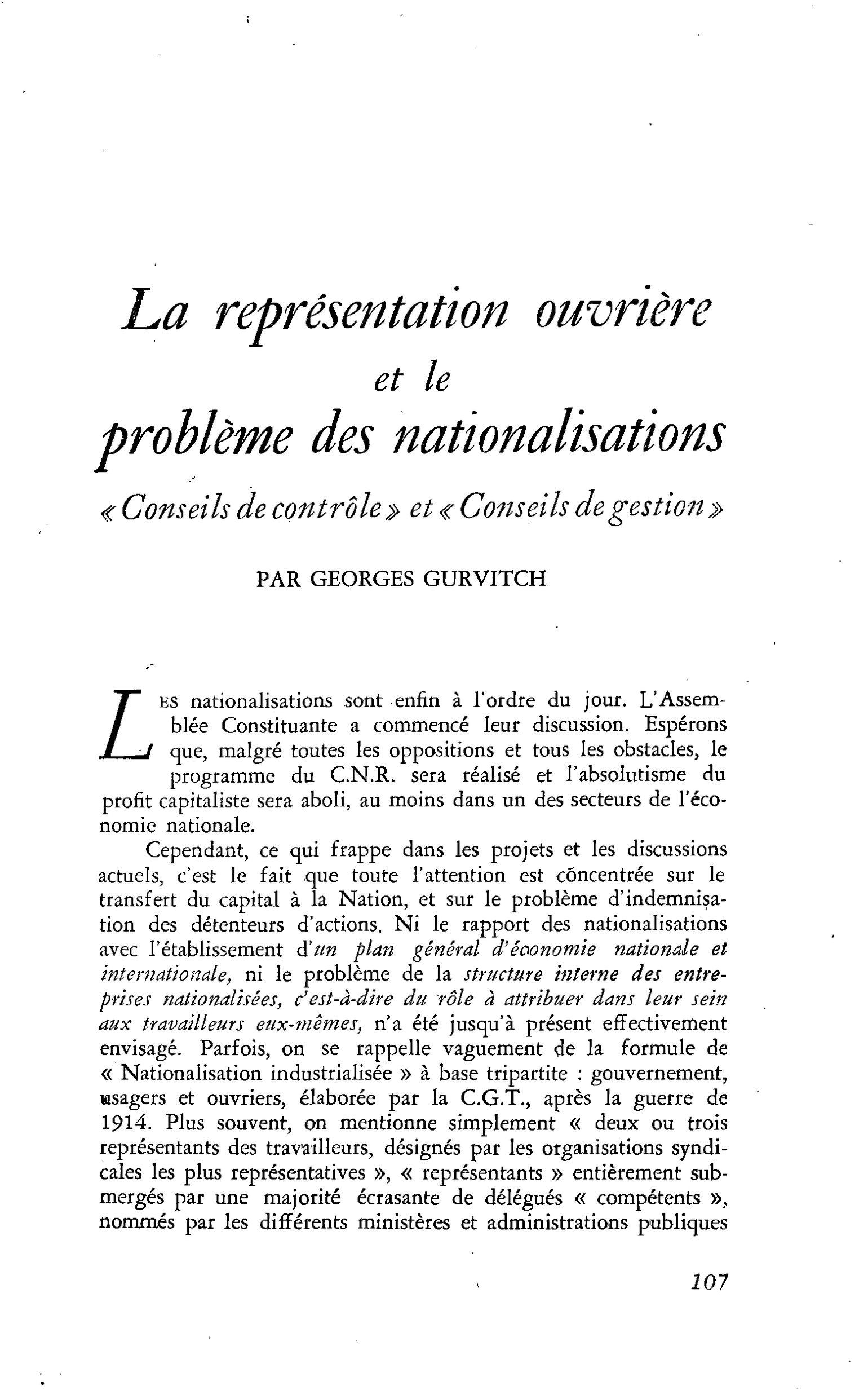 La représentation ouvrière et le problème des nationalisations « Conseils de contrôle » et « Conseils de gestion »