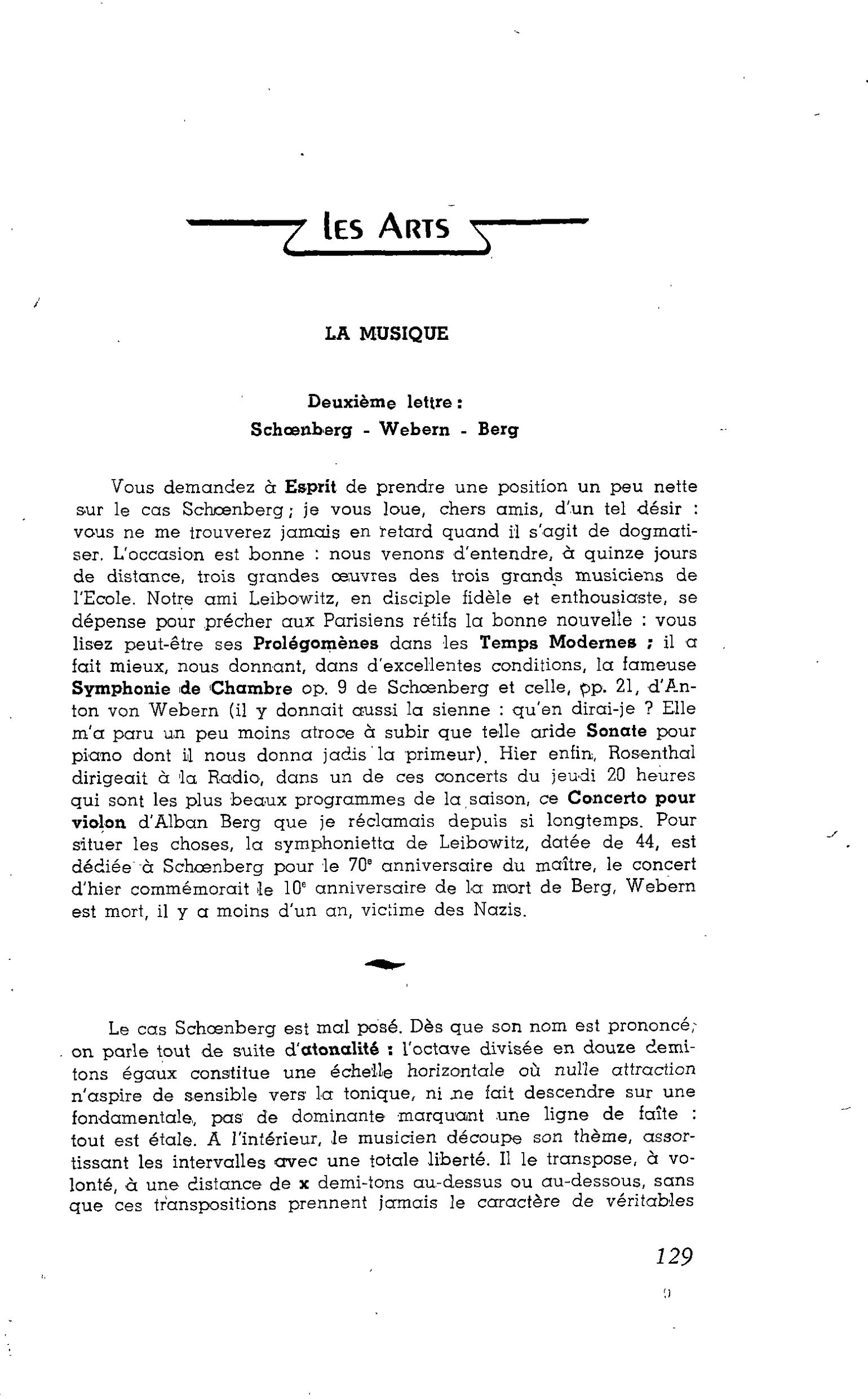 Les Arts. LA MUSIQUE. Deuxième lettre : Schoenberg - Webern - Berg