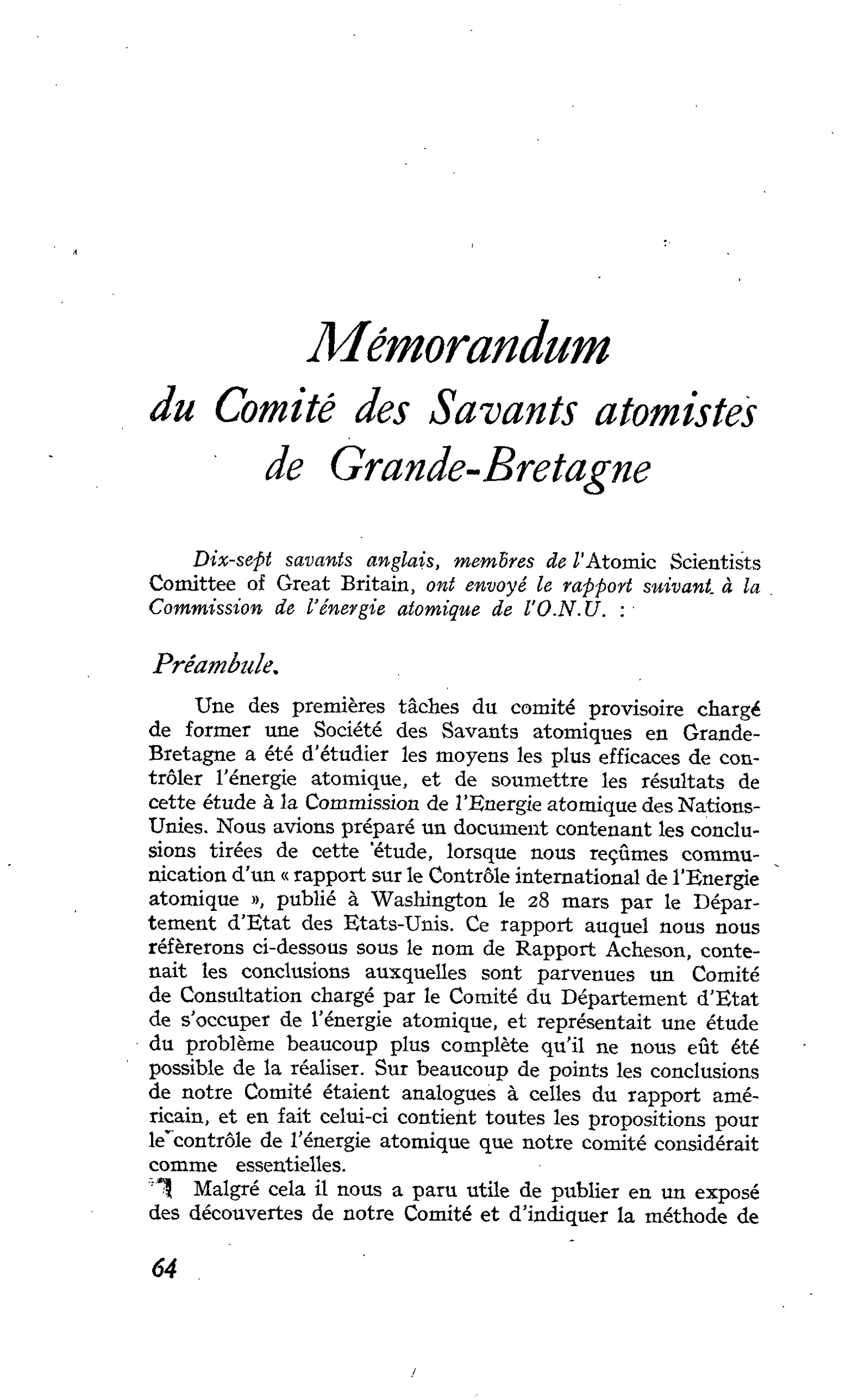 Mémorandum du Comité des Savants atomistes de Grande-Bretagne