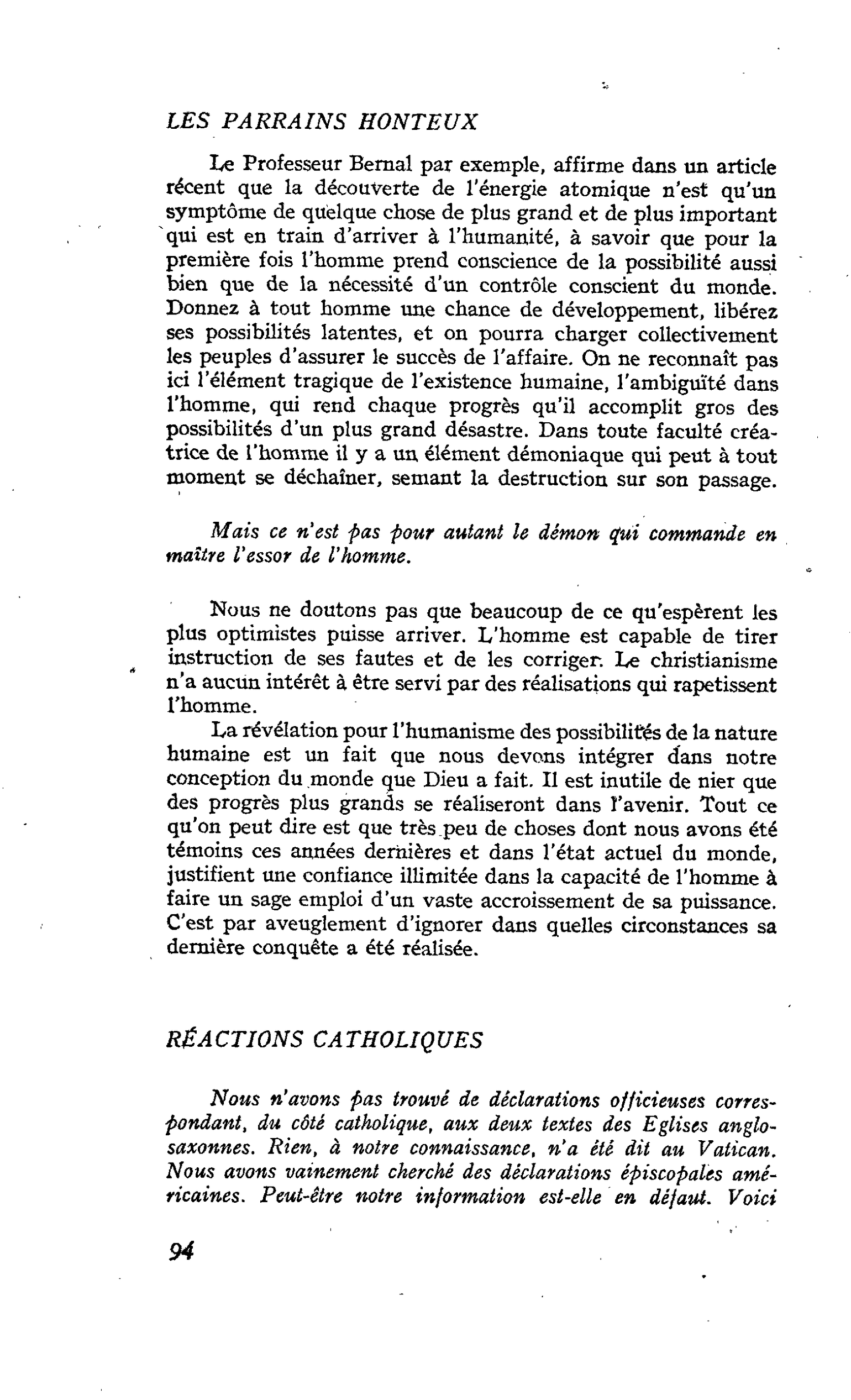 RÉACTIONS CATHOLIQUES