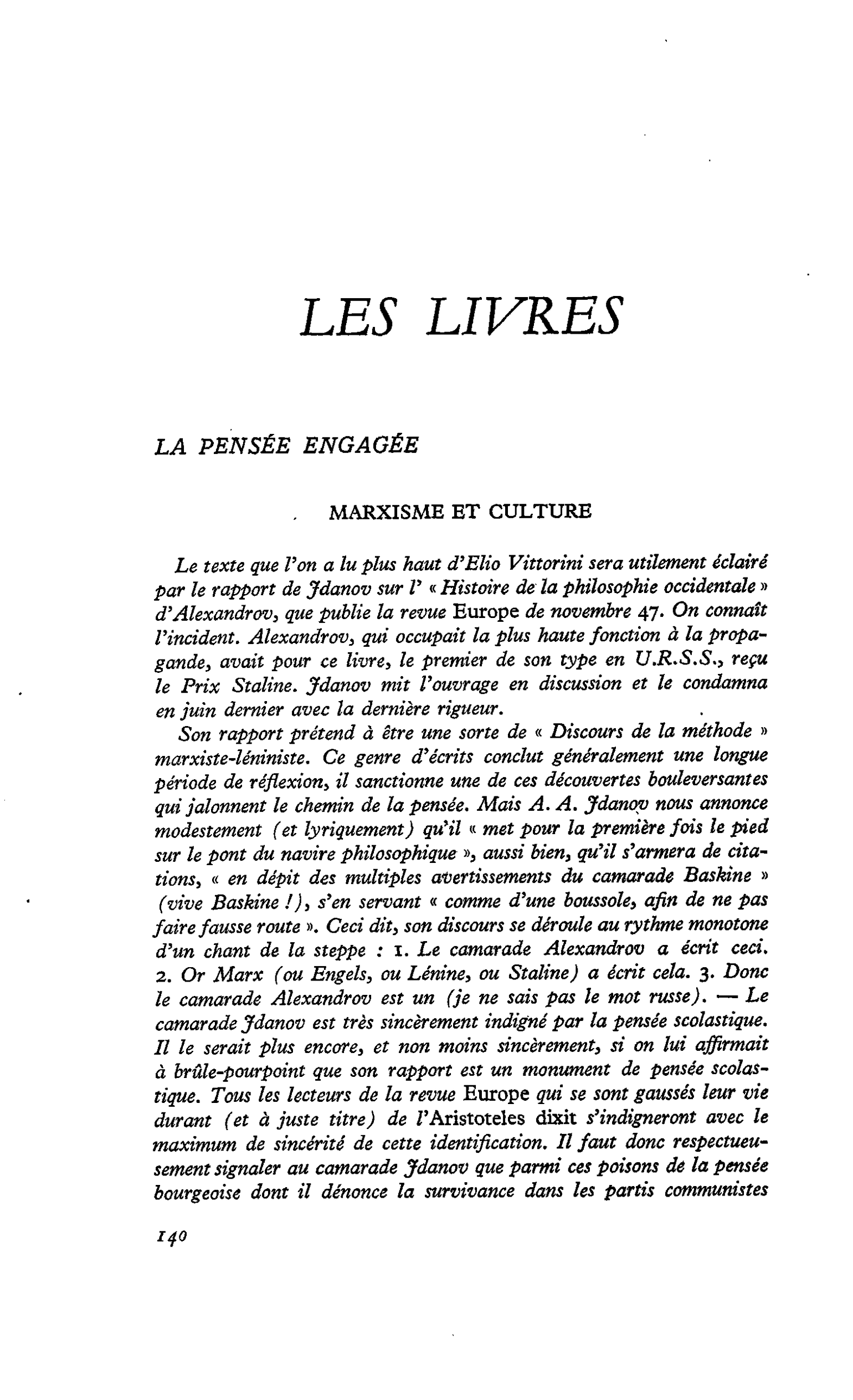 LA PENSÉE ENGAGÉE MARXISME ET CULTURE