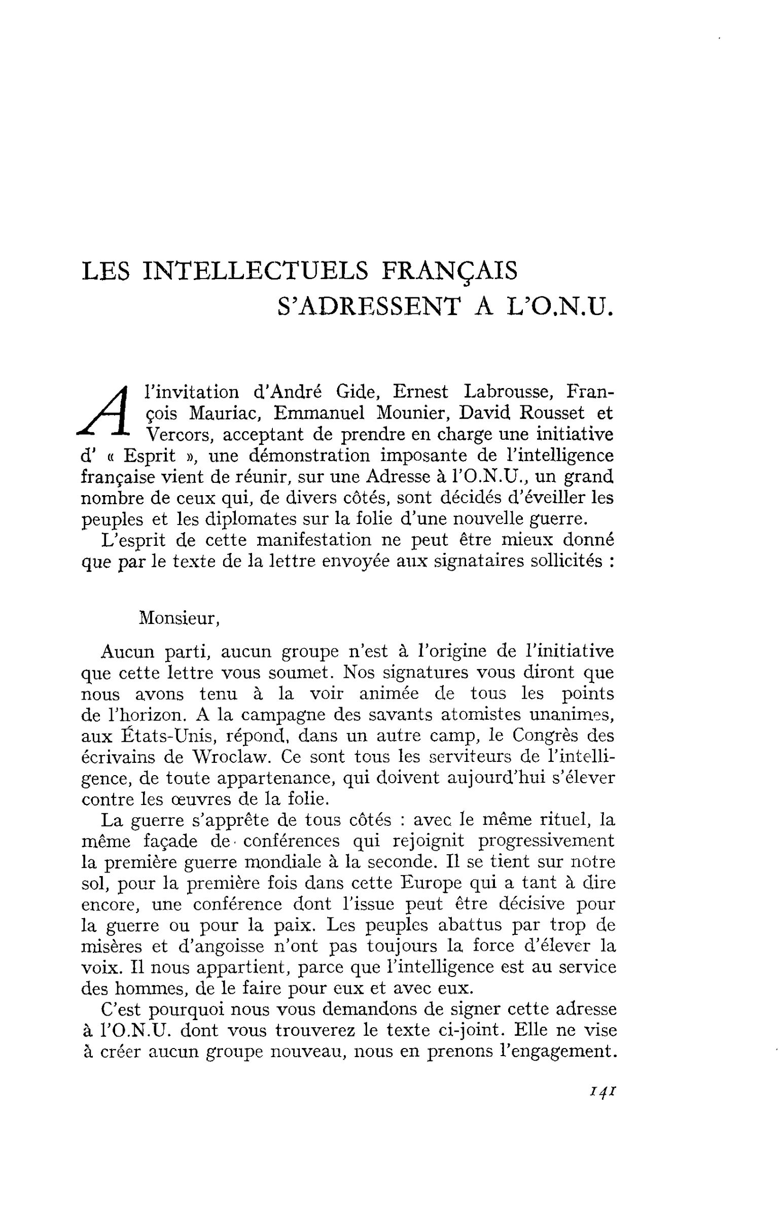 LES INTELLECTUELS FRANÇAIS S’ADRESSENT A L’O.N.U.