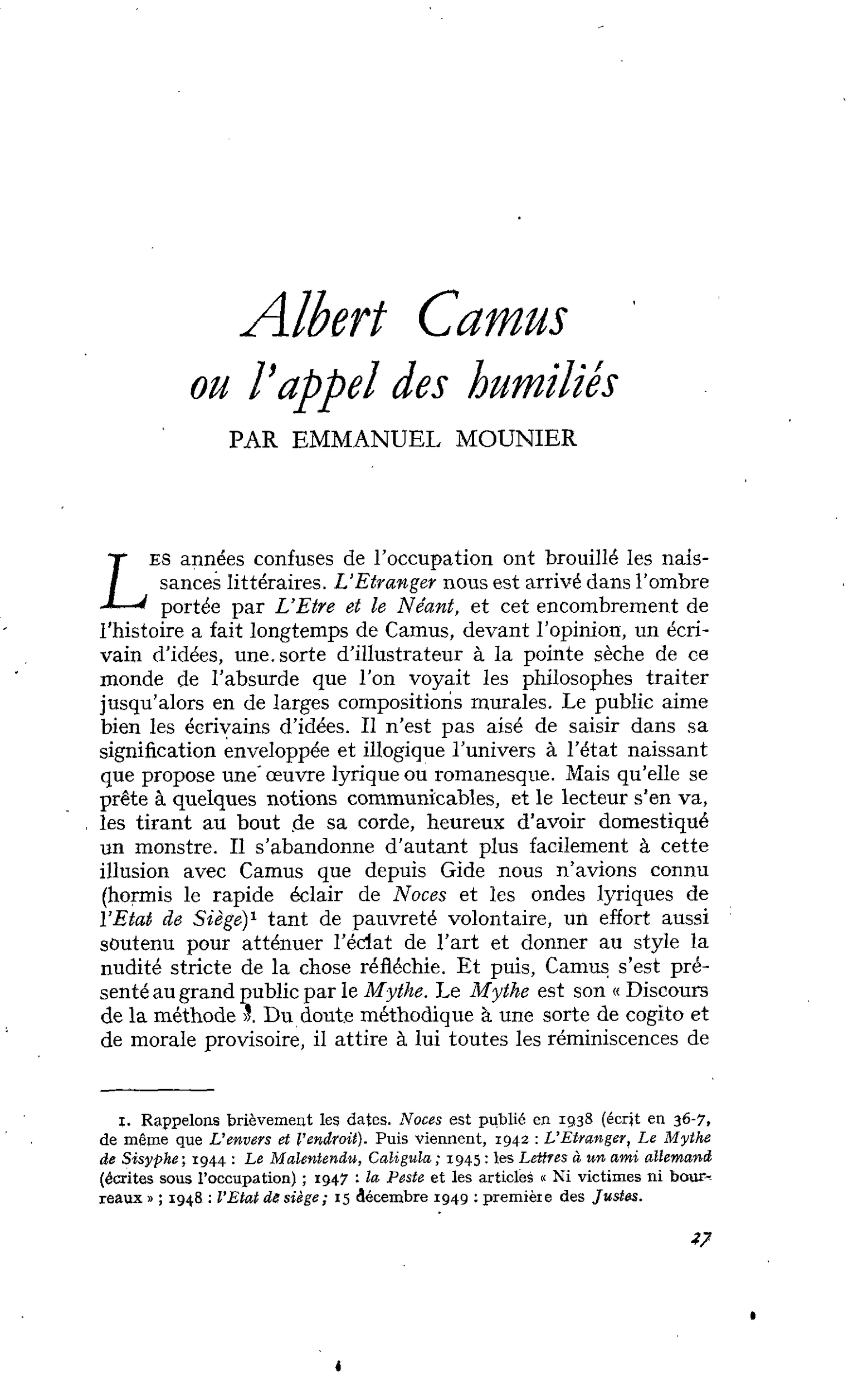 Albert Camus ou l’appel des humiliés