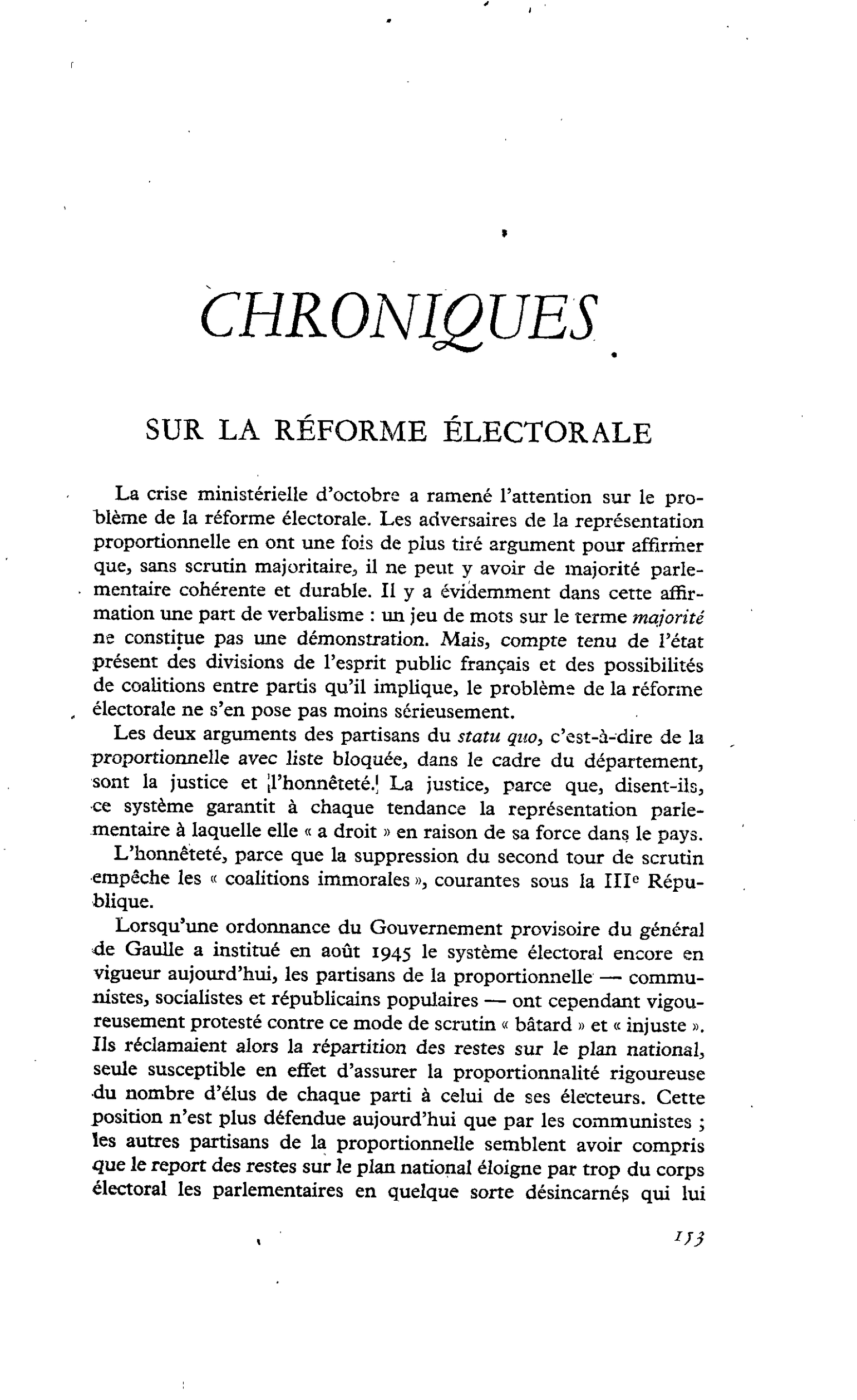 Sur la réforme électorale
