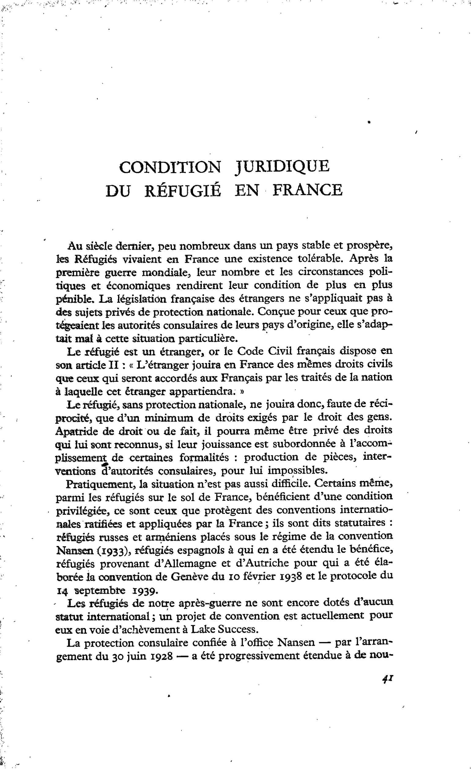 CONDITION JURIDIQUE DU RÉFUGIÉ EN FRANCE