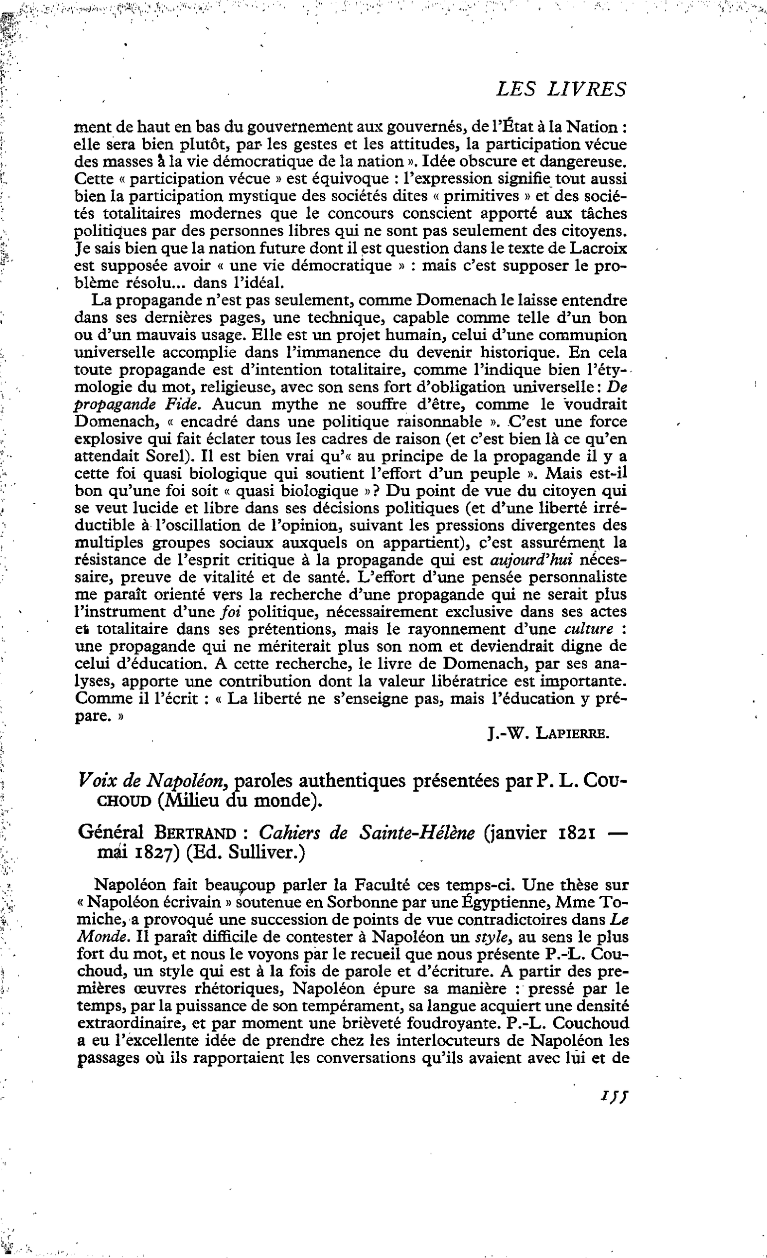 Voix de Napoléon, paroles authentiques présentées par P. L. Couchoud. Général Bertrand : Cahiers de Sainte-Hélène (janvier 1821 ? mai 1827)