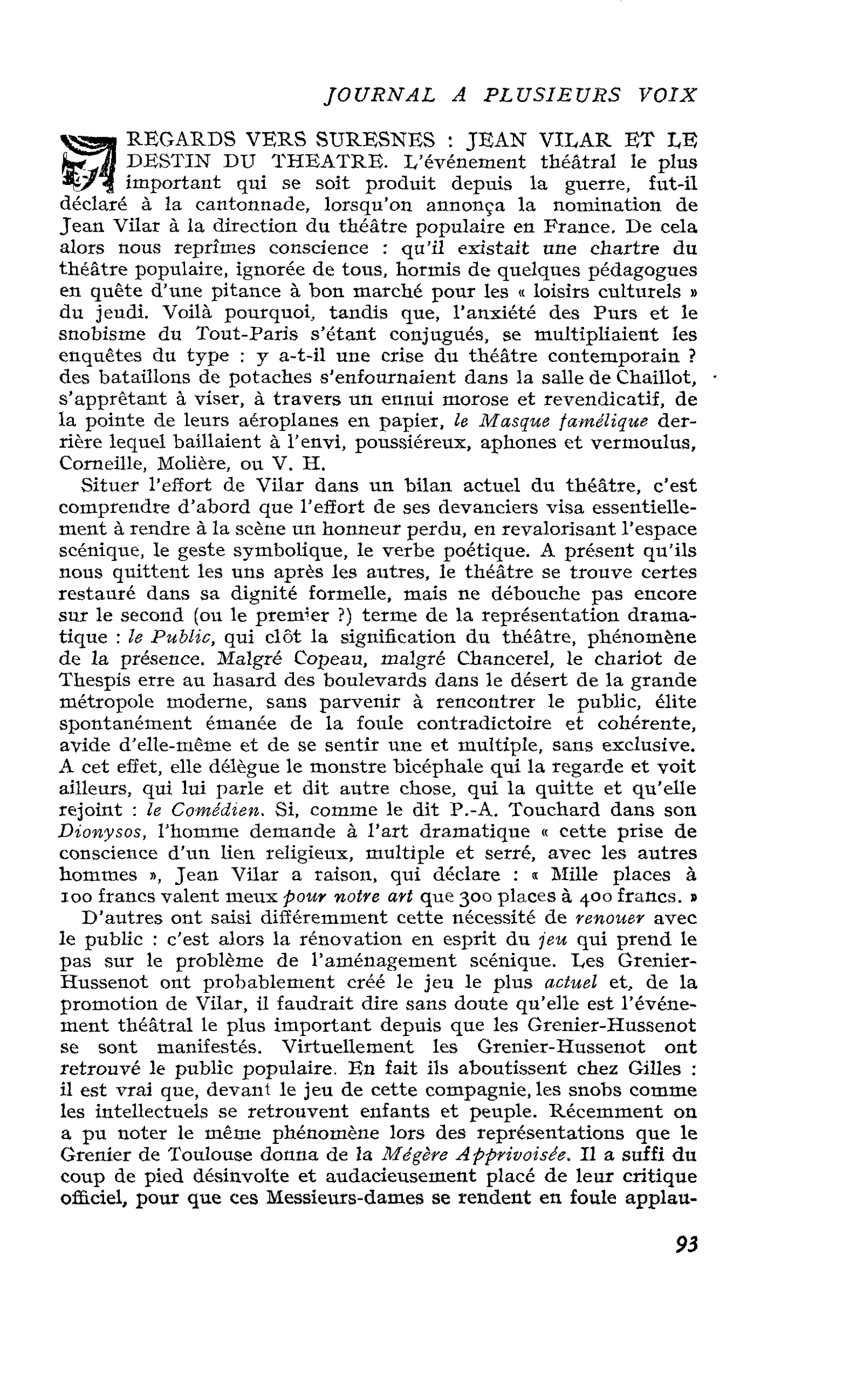 Regards vers Suresnes: Jean Vilar et le destin du théâtre