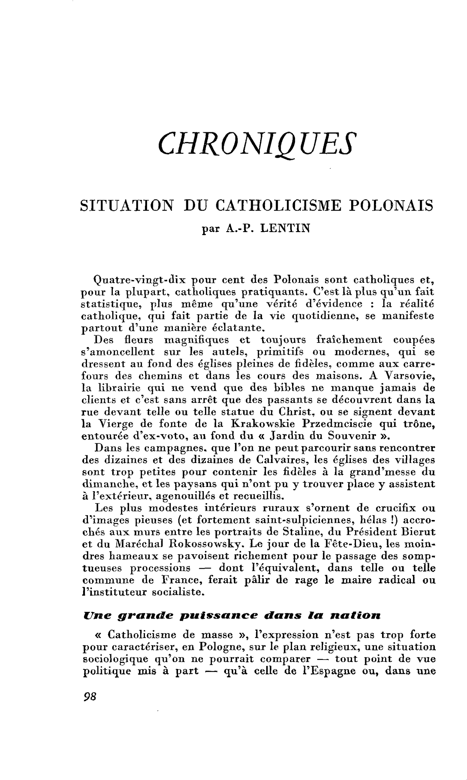 SITUATION DU CATHOLICISME POLONAIS