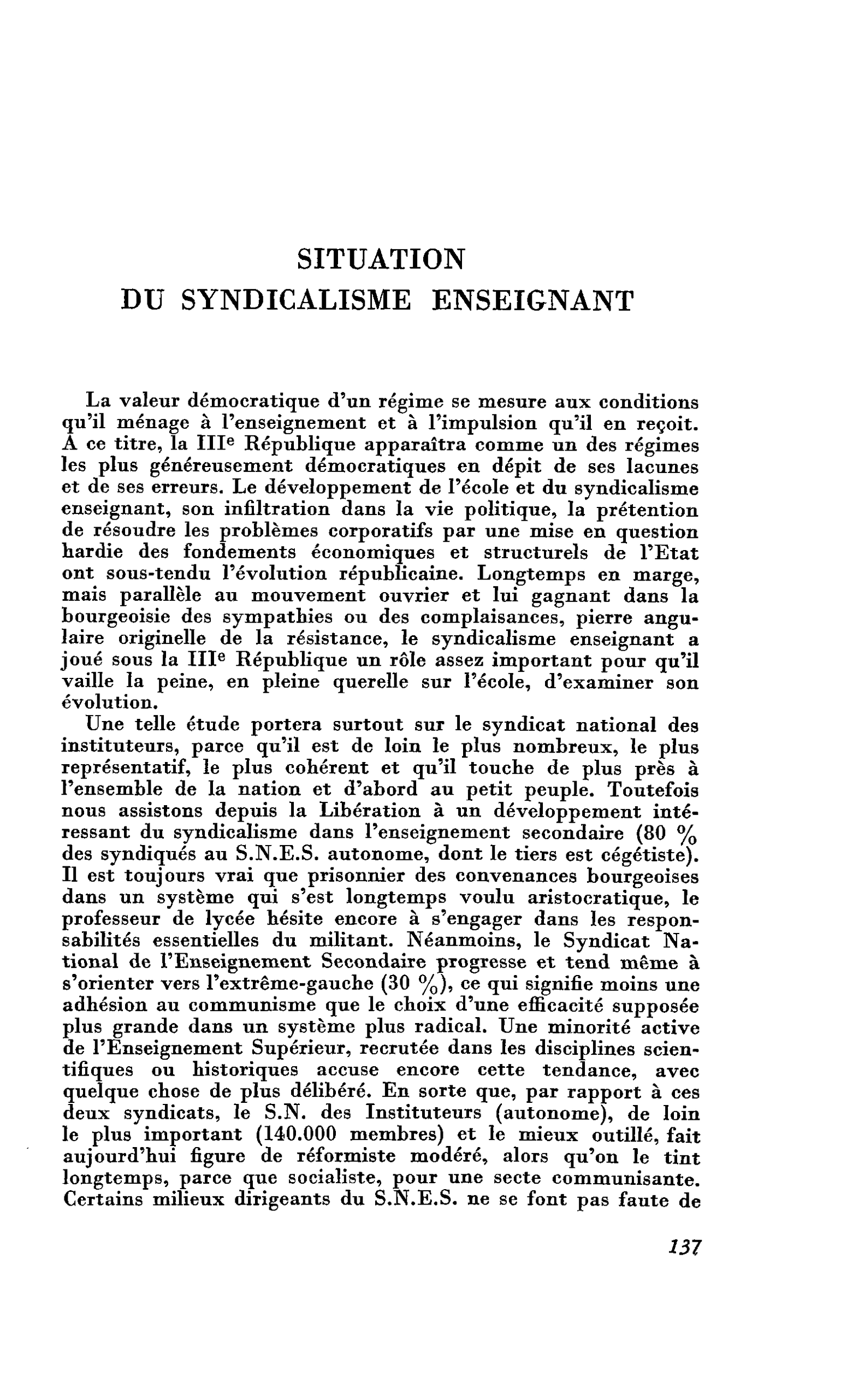 SITUATION DU SYNDICALISME ENSEIGNANT