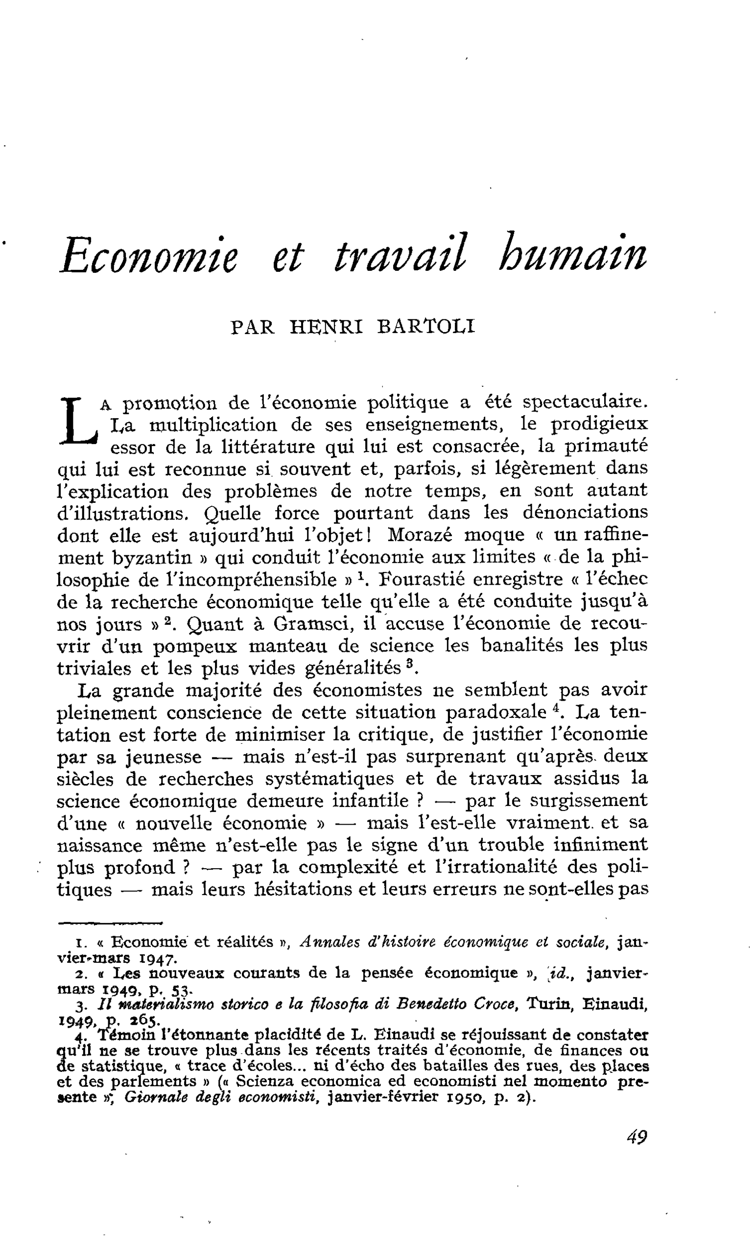 Economie et travail humain