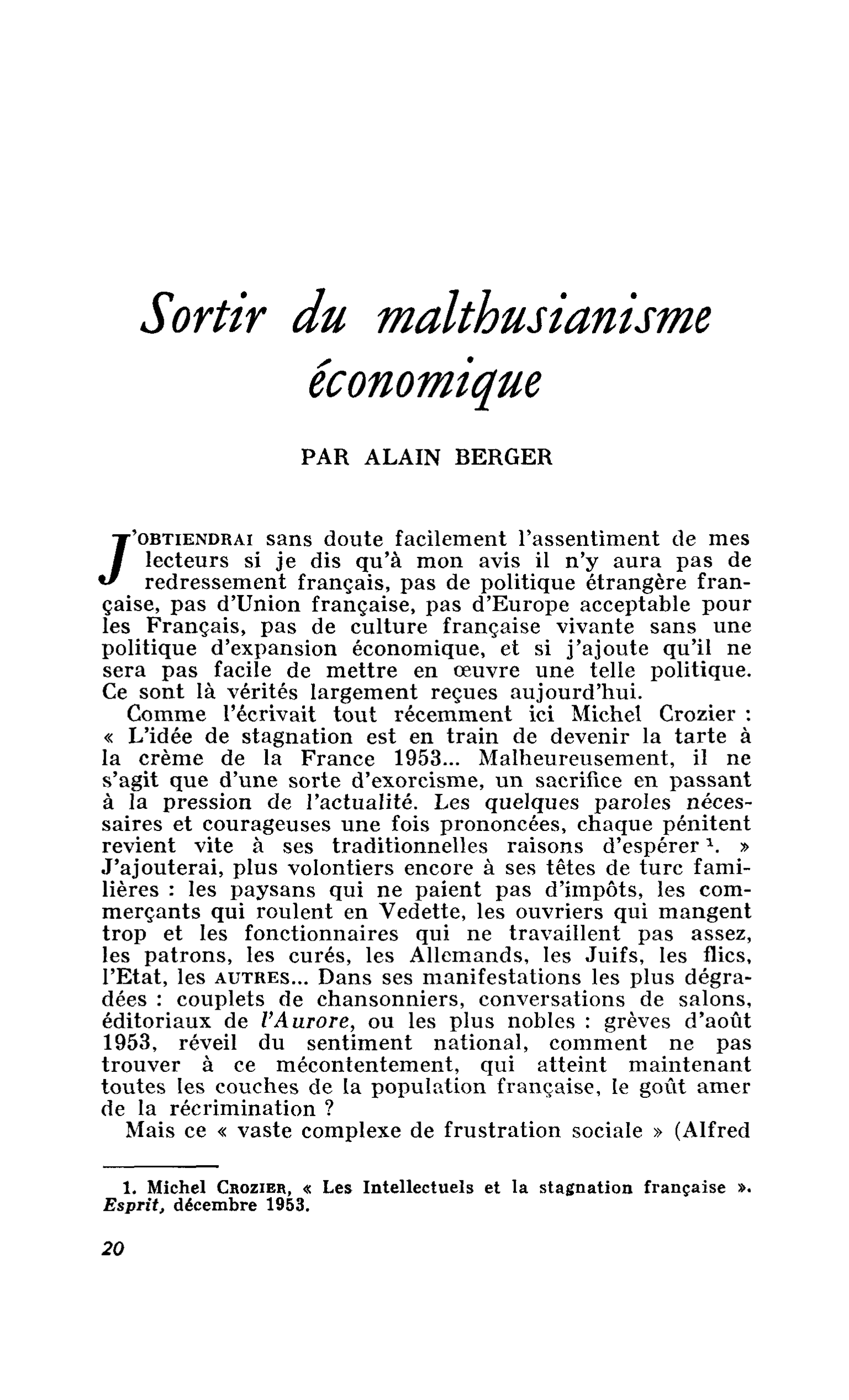 Sortir du malthusianisme économique