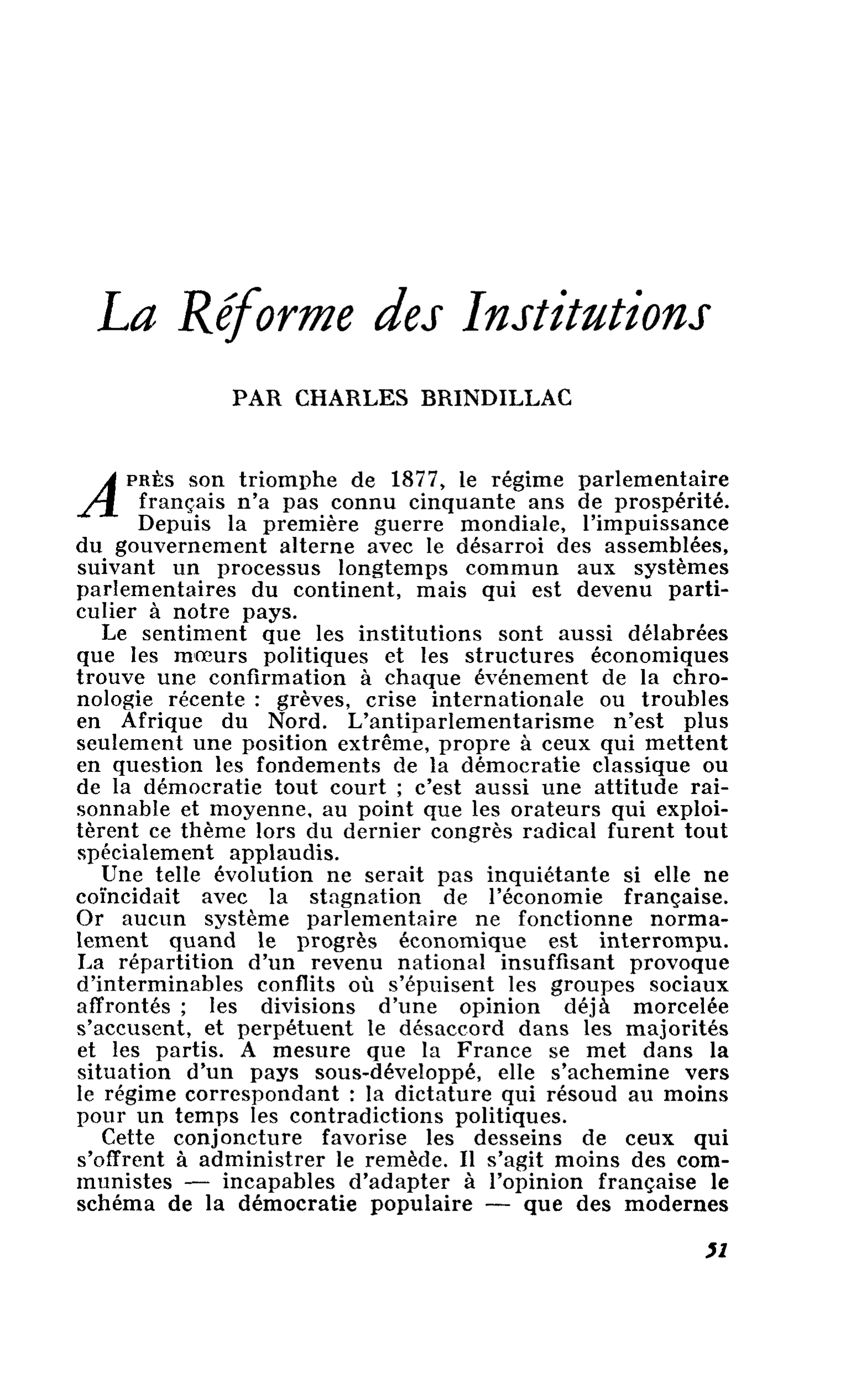 La Réforme des Institutions
