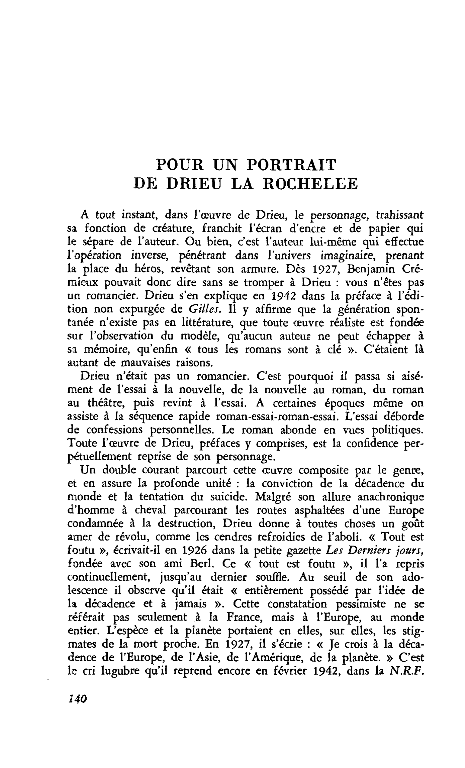 POUR UN PORTRAIT DE DRIEU LA ROCHELLE
