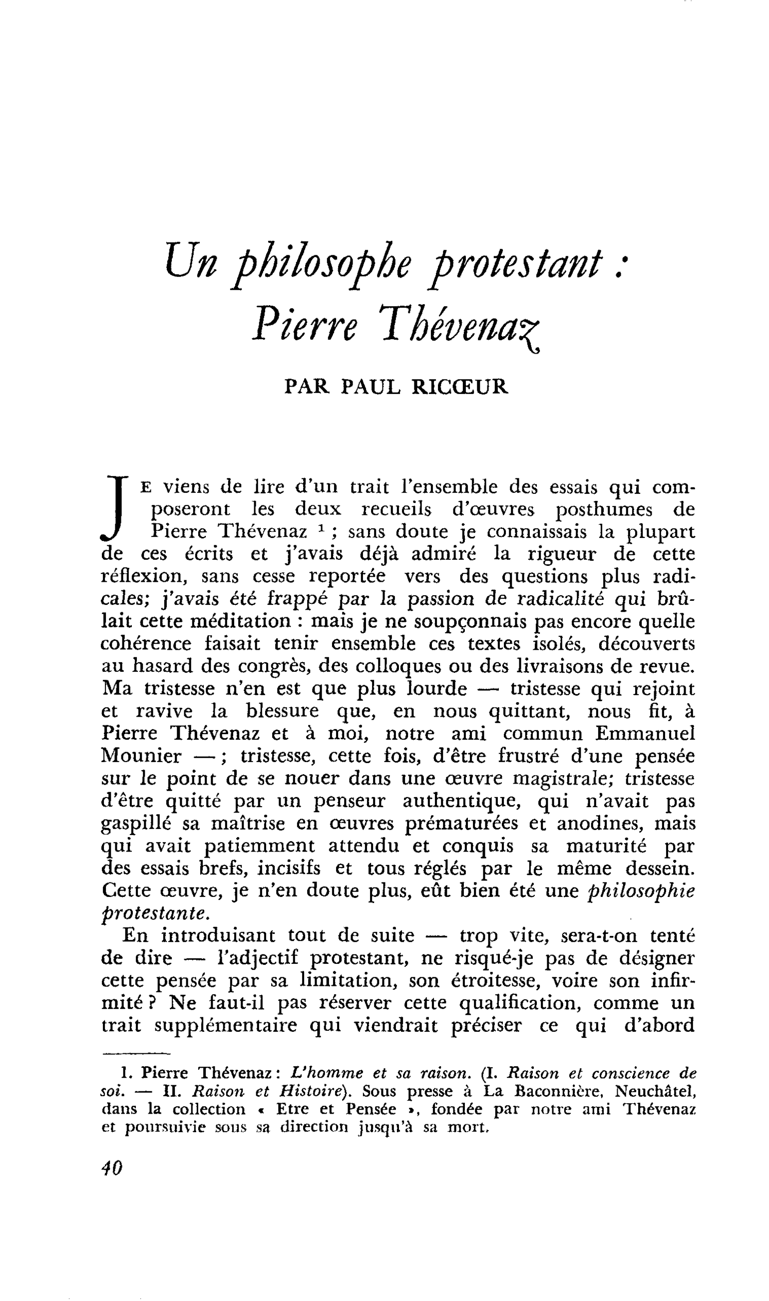 Un philosophe protestant : Pierre Thévenaz