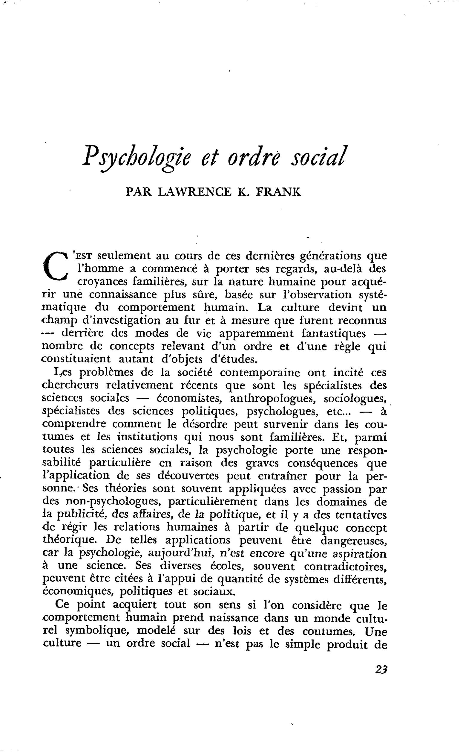 Psychologie et ordre social
