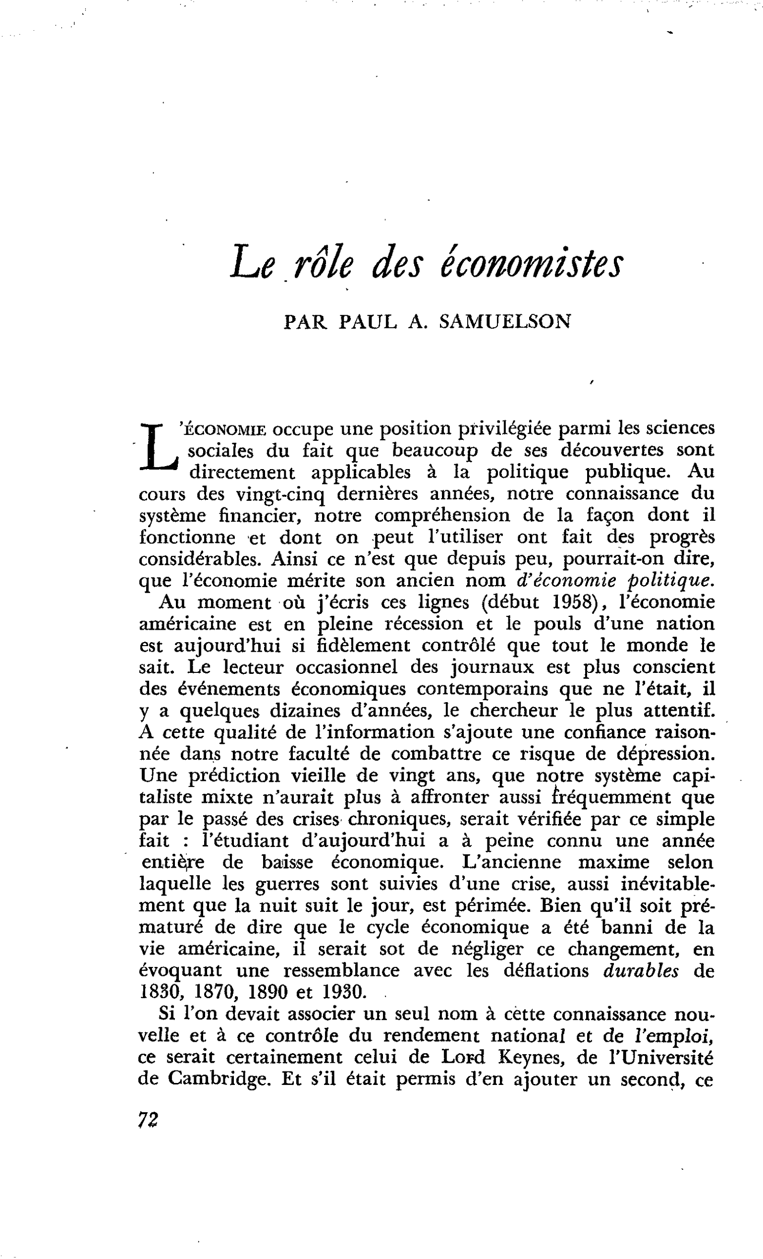 Le rôle des économistes