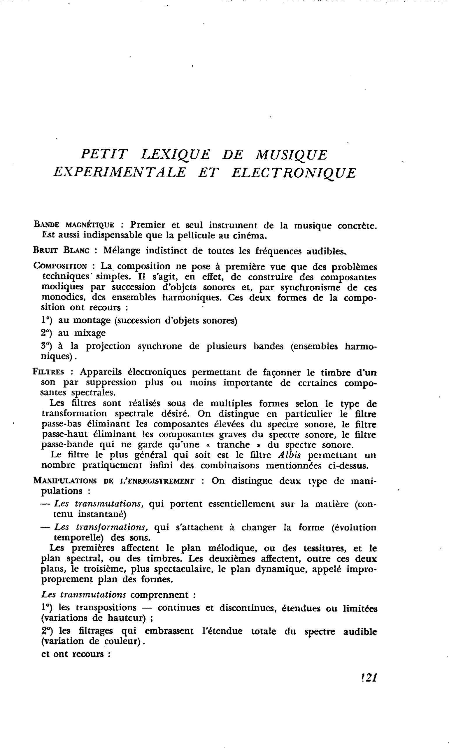 PETIT LEXIQUE DE MUSIQUE EXPERIMENTALE ET ELECTRONIQUE