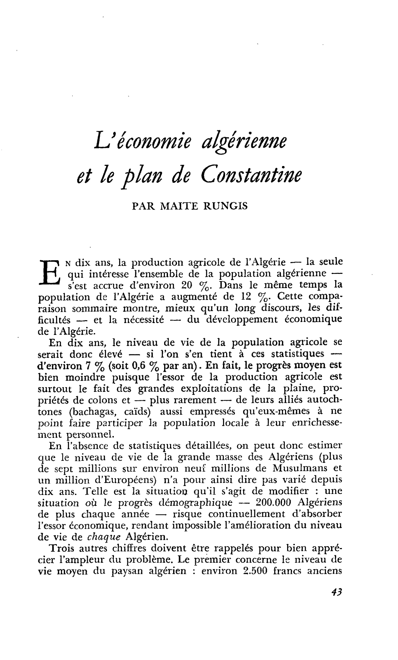 L’économie algérienne et le plan de Constantine