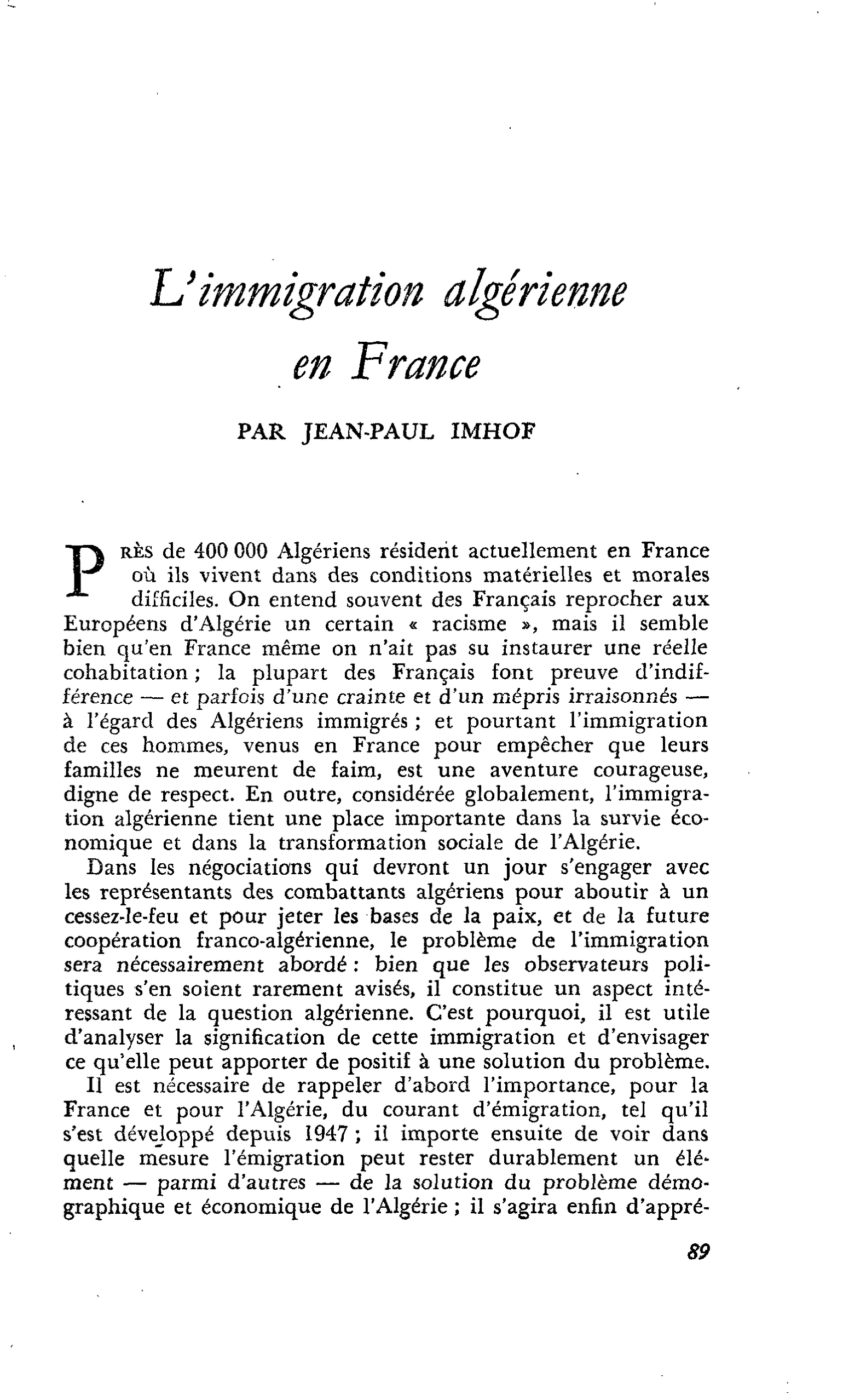 L’immigration algérienne en France