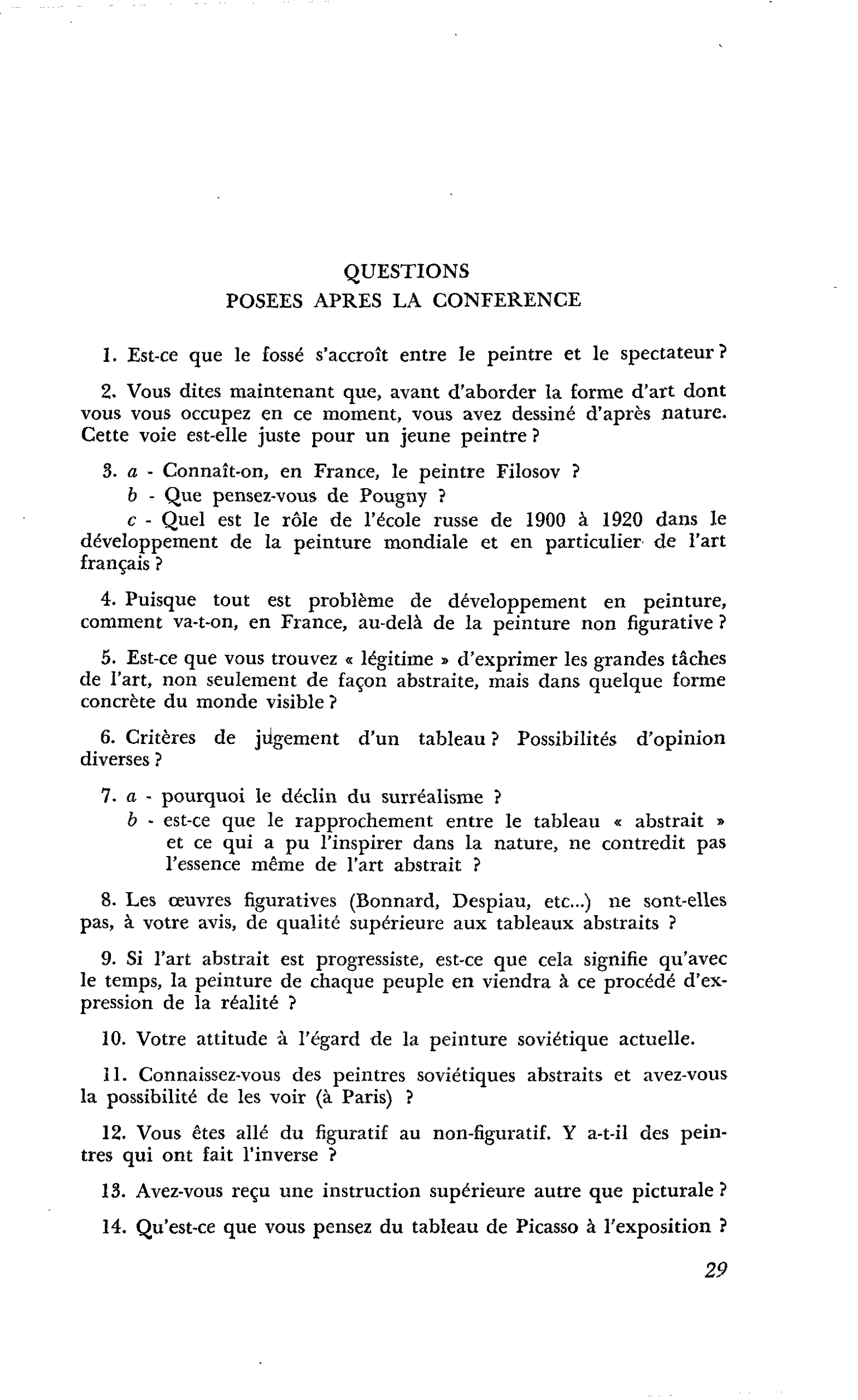 QUESTIONS POSEES APRES LA CONFERENCE