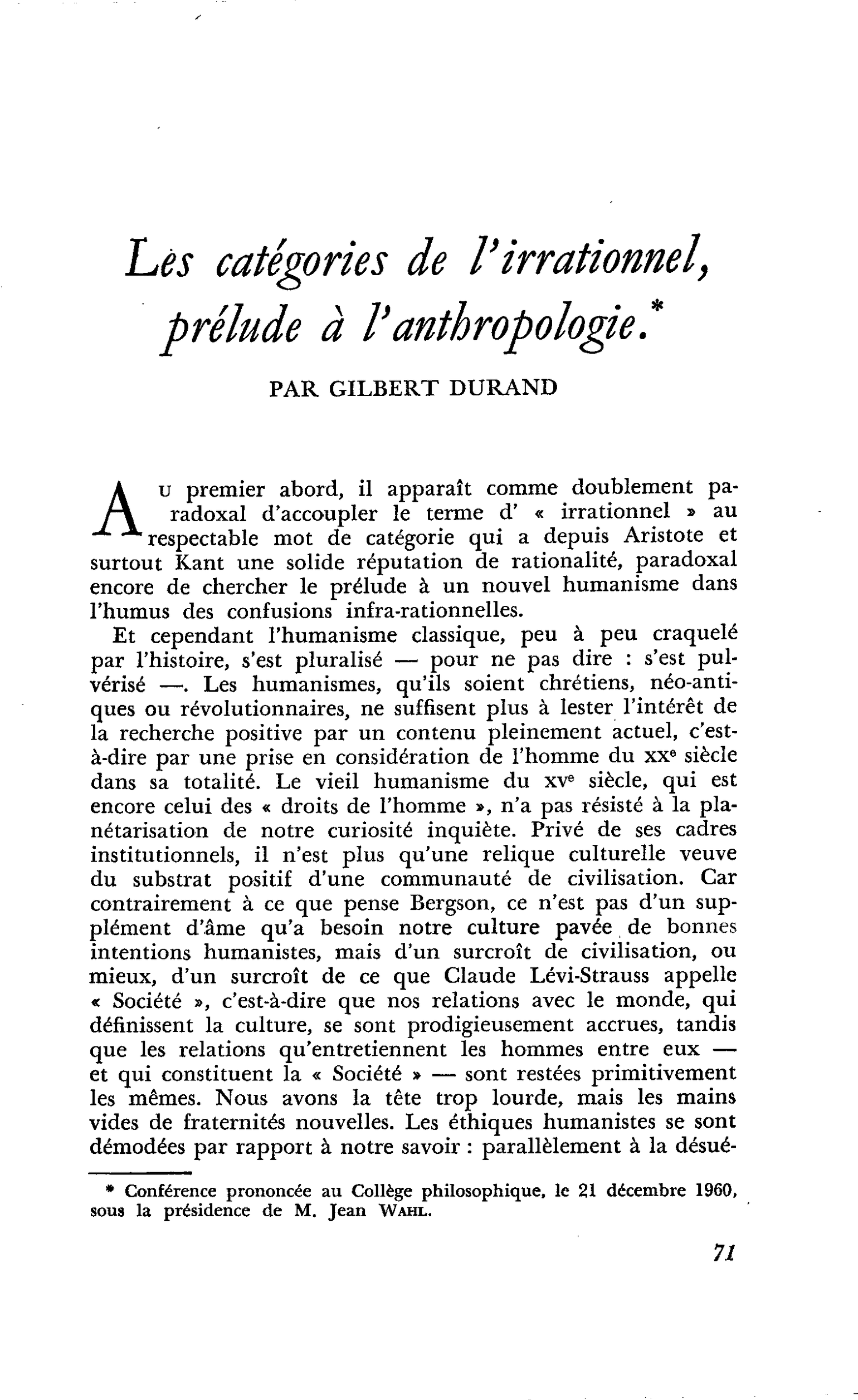 Les catégories de l’irrationnel, prélude à l’anthropologie ?