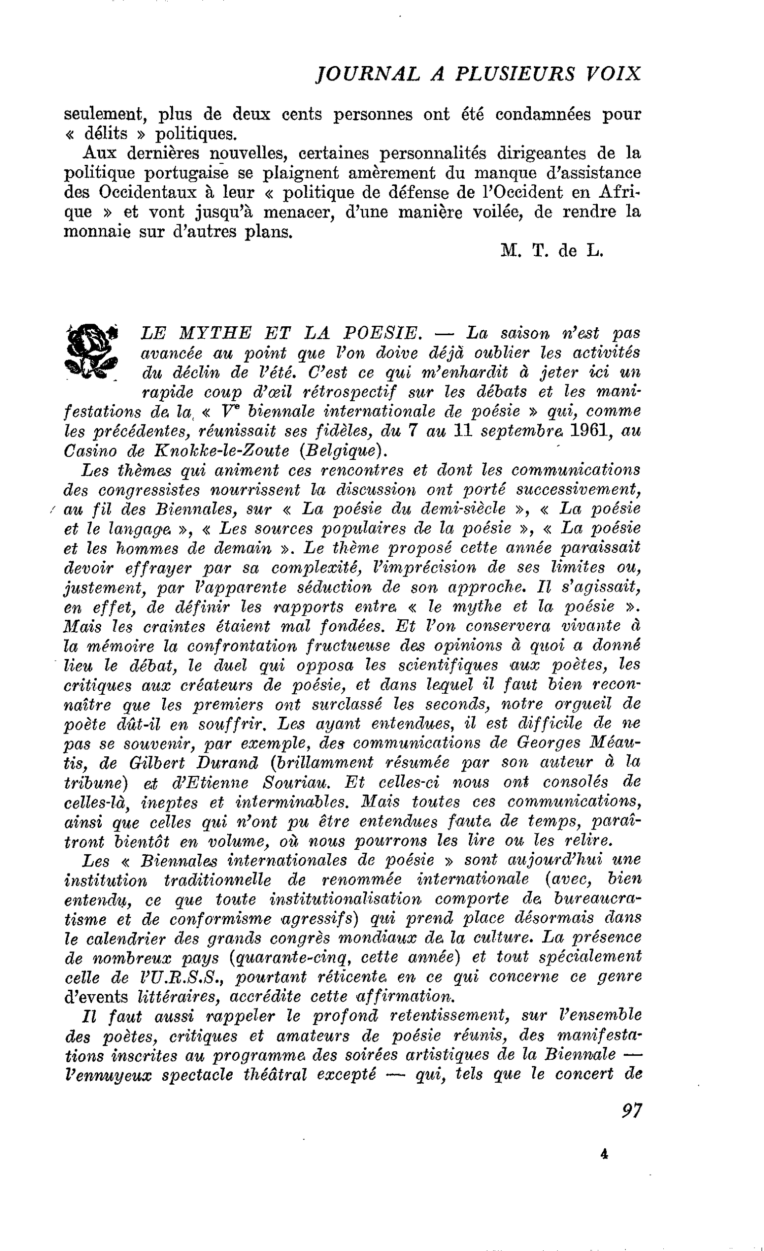 LE MYTHE ET LA POESIE