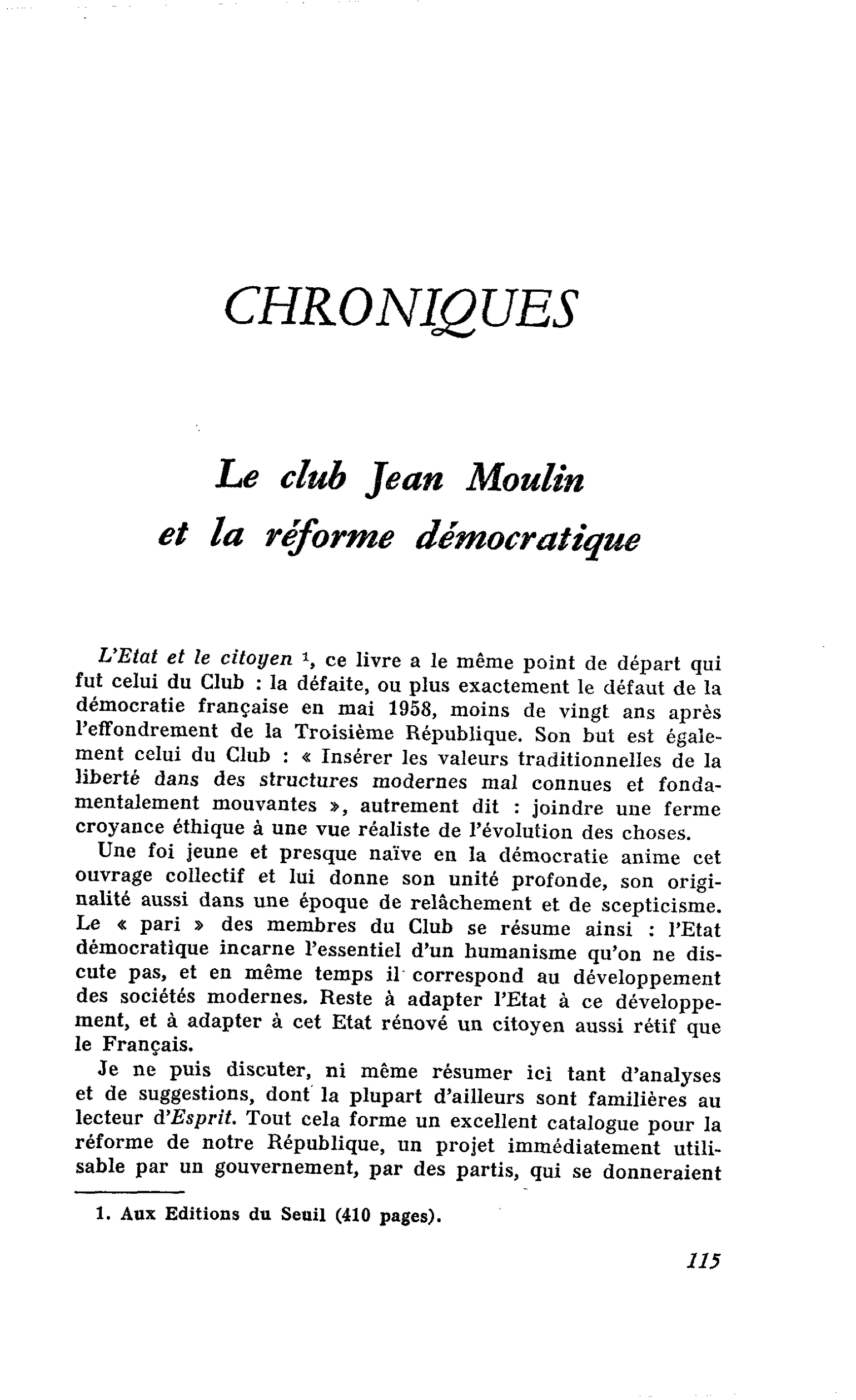 Le club Jean Moulin et la réforme démocratique