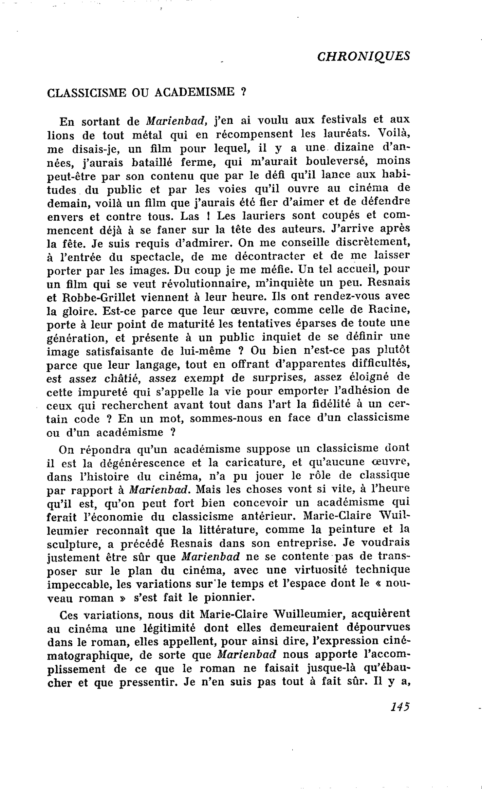 Marienbad : CLASSICISME OU ACADEMISME ?