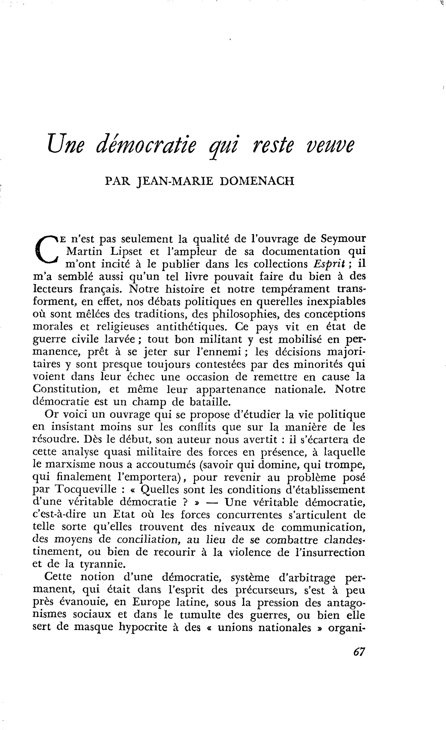 Une démocratie qui reste veuve