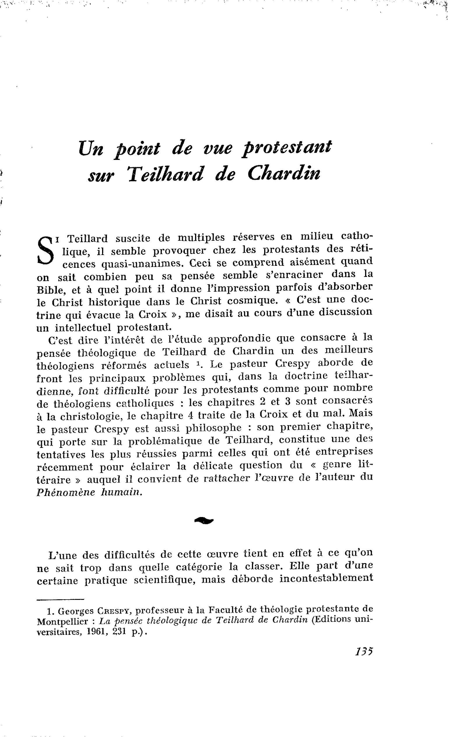 Un point de vue protestant sur Teilhard de Chardin