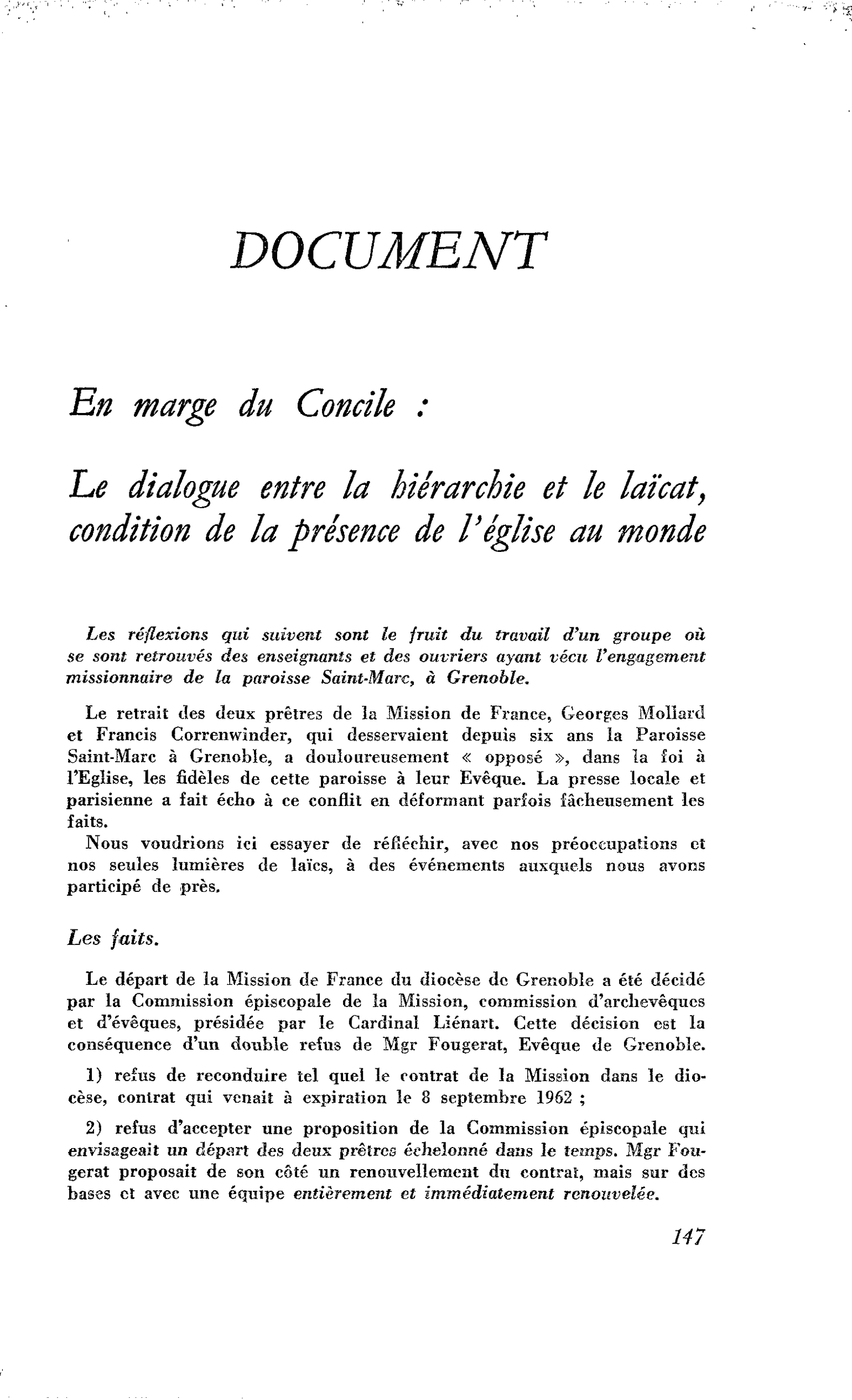 En marge du Concile : Le dialogue entre la hiérarchie et le laïcat, condition de la présence de l’église au monde