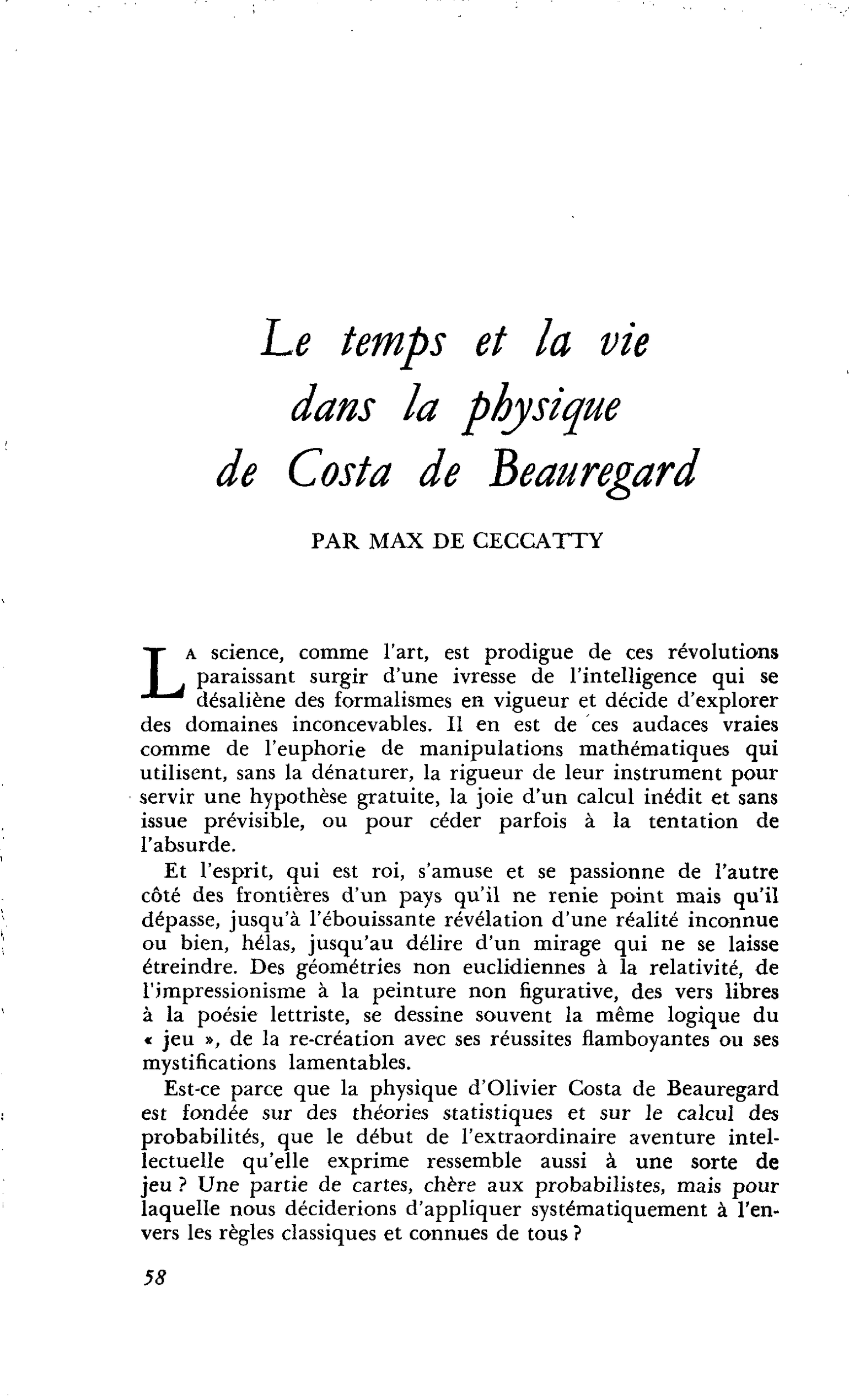 Le temps et la vie dans la physique de Costa de Beauregard
