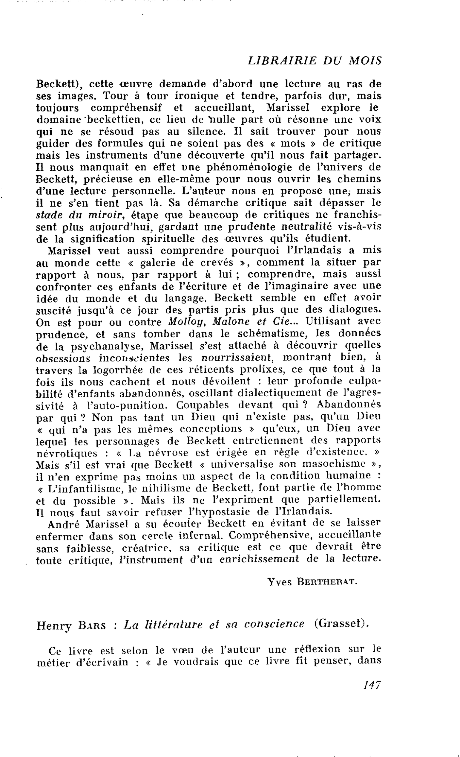 Henry Bars : La littérature et sa conscience