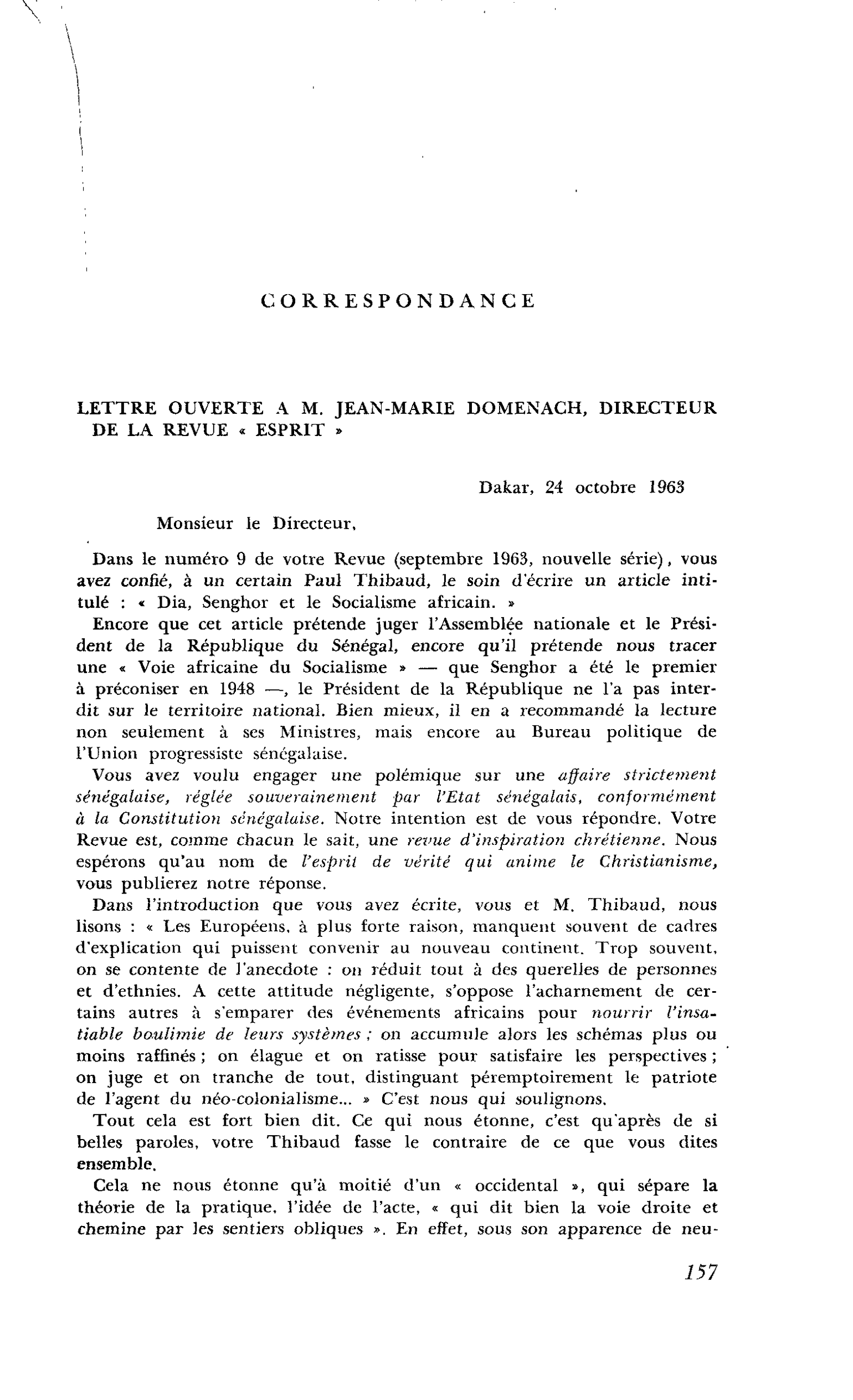 LETTRE OUVERTE A M. JEAN-MARIE DOMENACH, DIRECTEUR DE LA REVUE « ESPRIT »