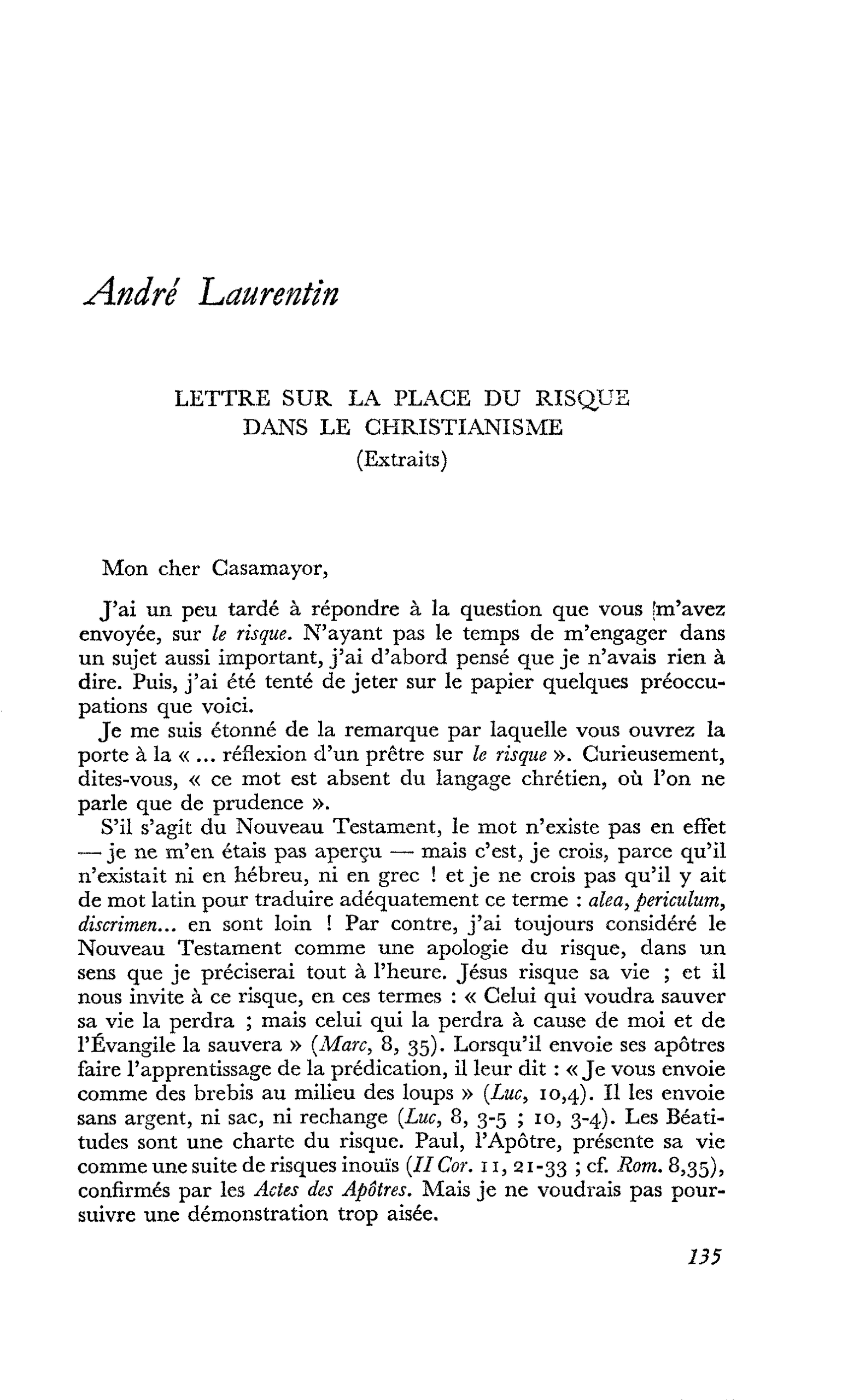 LETTRE SUR LA PLAGE DU RISQUE DANS LE CHRISTIANISME (Extraits)