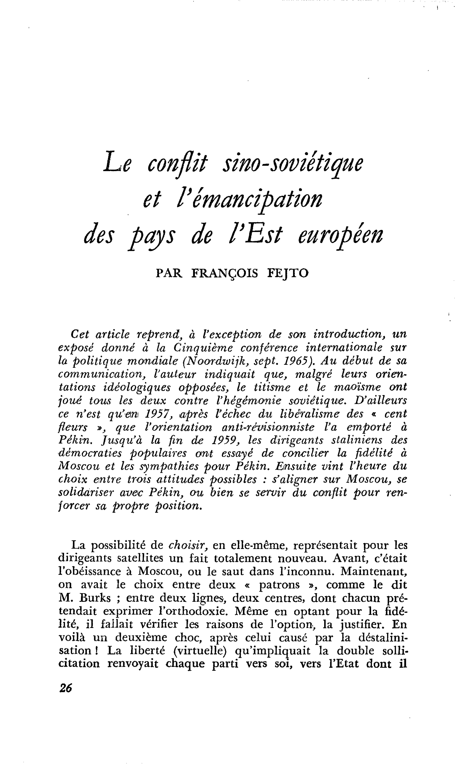 Le conflit sino-soviétique et l’émancipation des pays de l’Est européen
