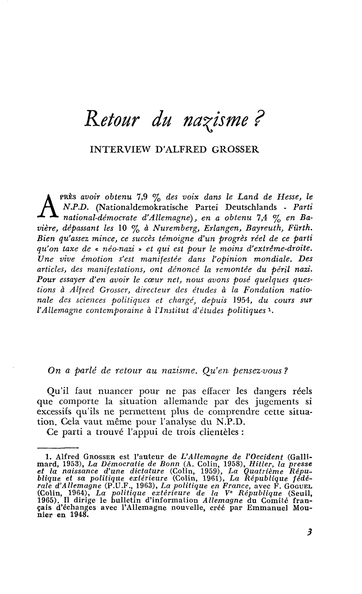 Retour du nazisme ? INTERVIEW D’ ALFRED GROSSER