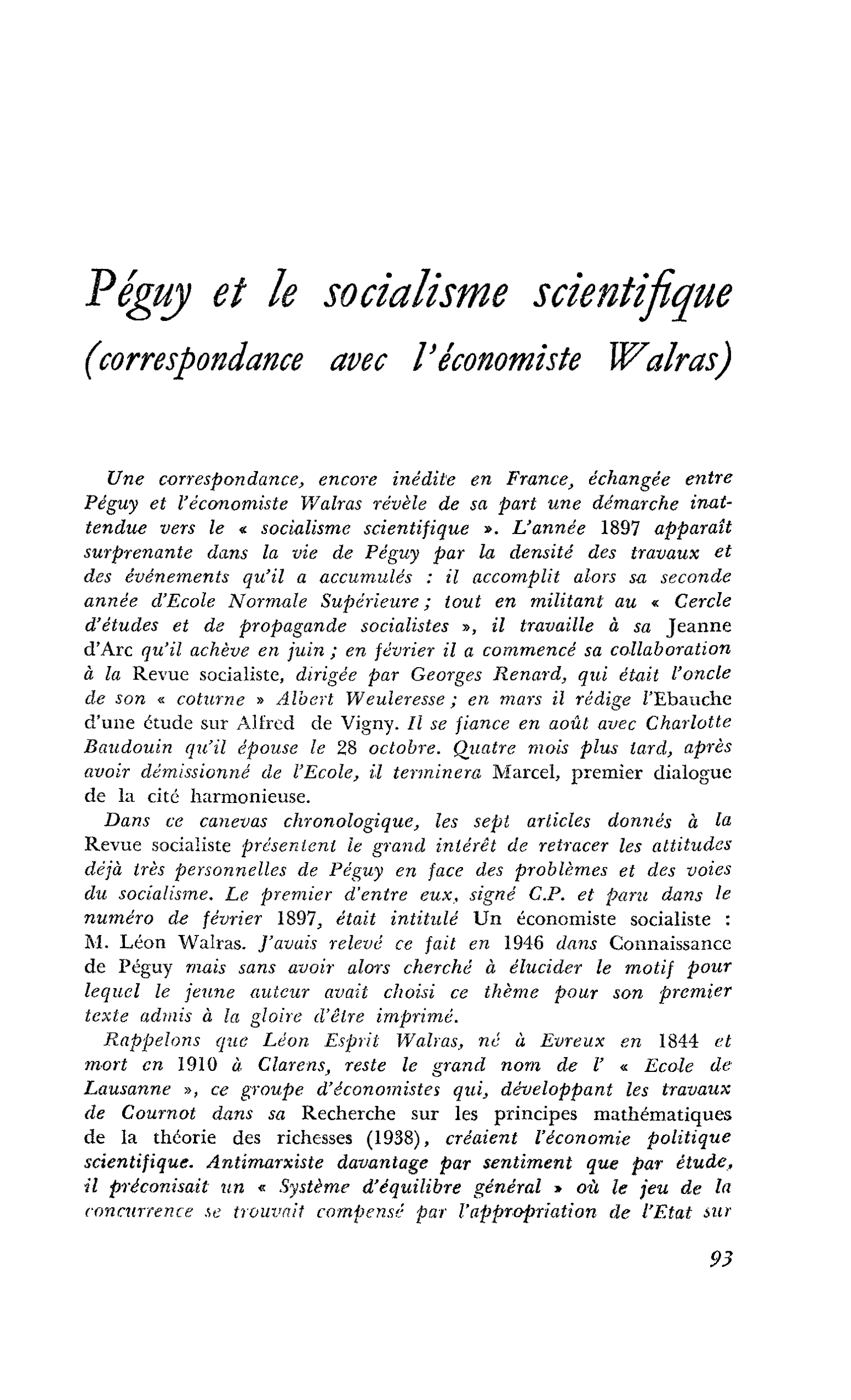 Péguy et le socialisme scientifique (correspondance avec l’économiste Walras)