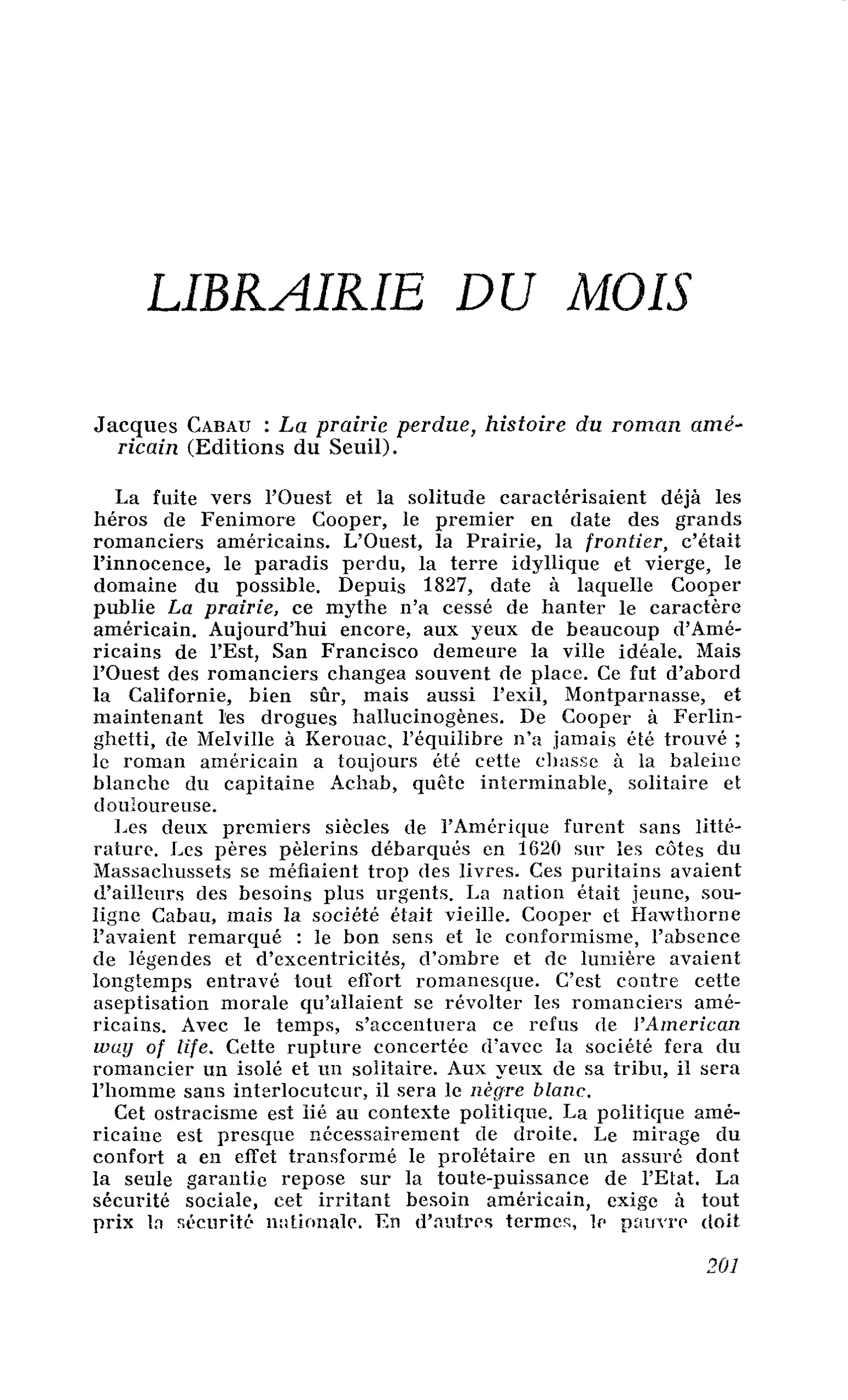 Jacques Cabau : La prairie perdue, histoire du roman américain