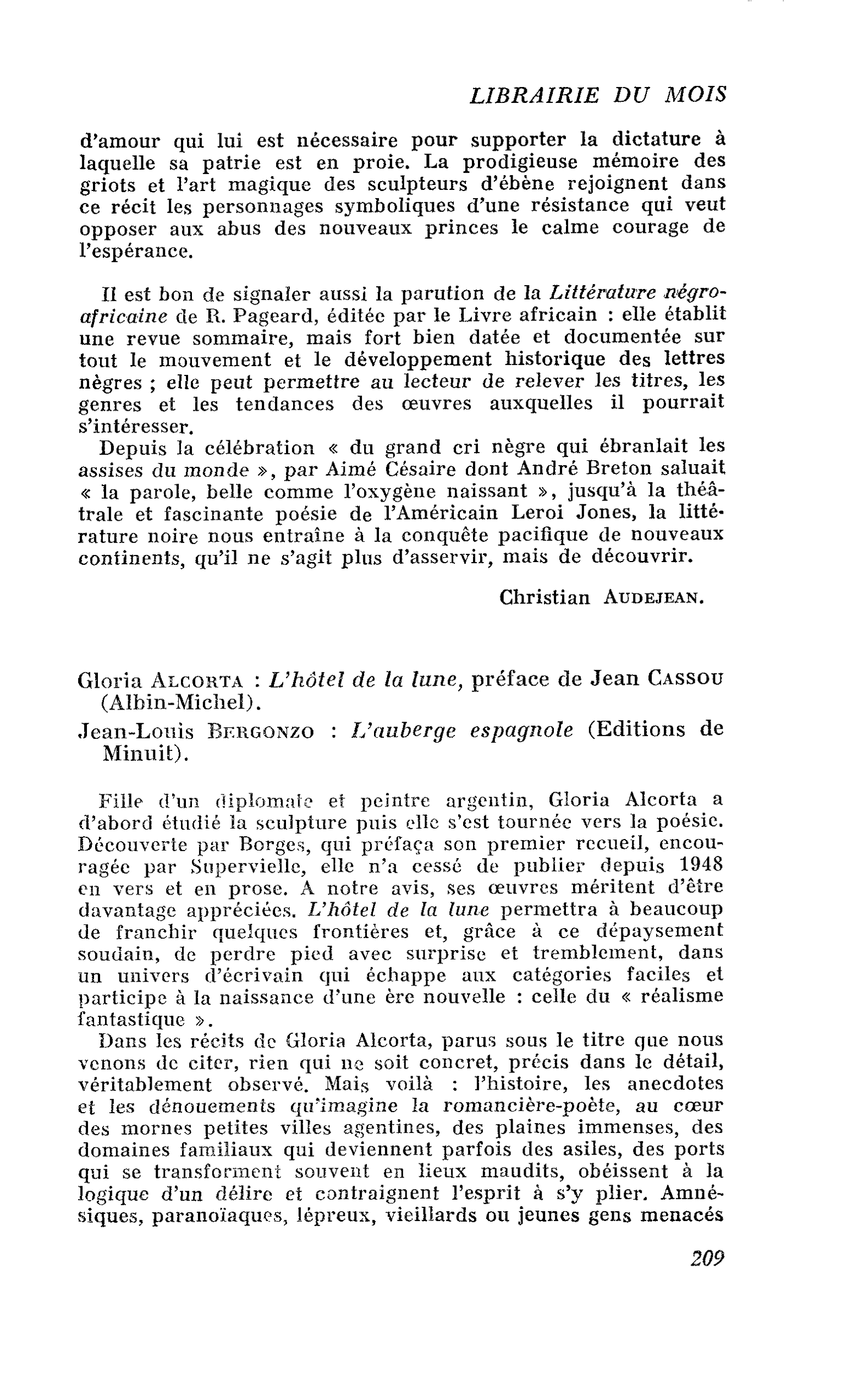 Gloria Alcorta : L’hôtel de la lune, préface de Jean Cassou. Jean-Louis Bergonzo : L’auberge espagnole