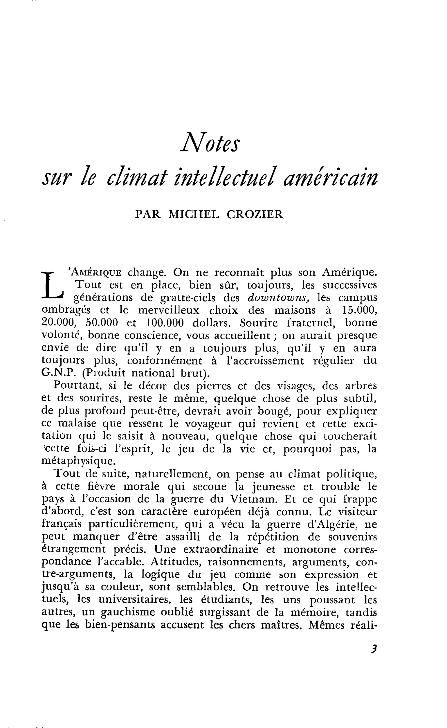 Notes sur le climat intellectuel américain