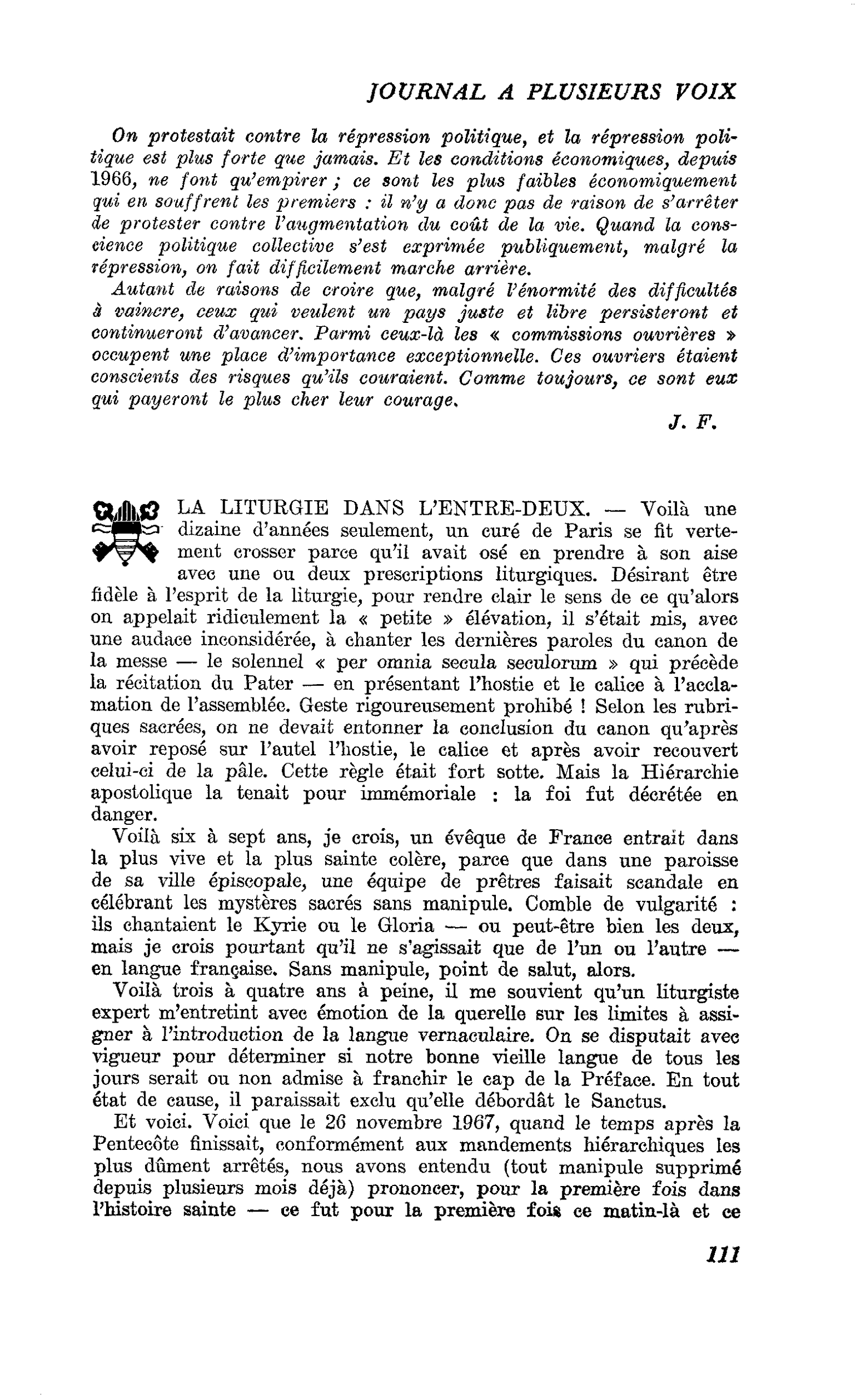 LA LITURGIE DANS L’ENTRE-DEUX