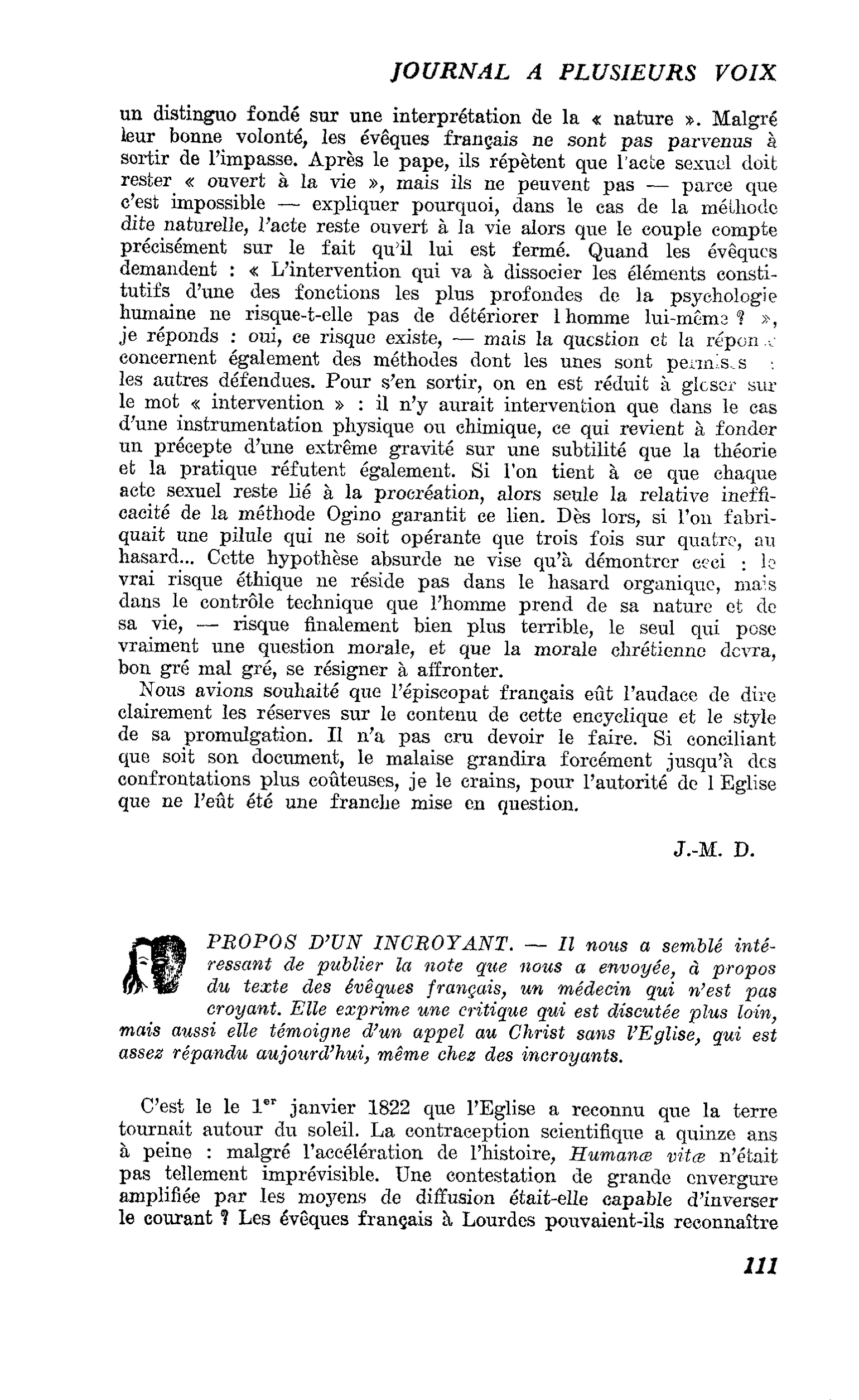 PROPOS D’UN INCROYANT