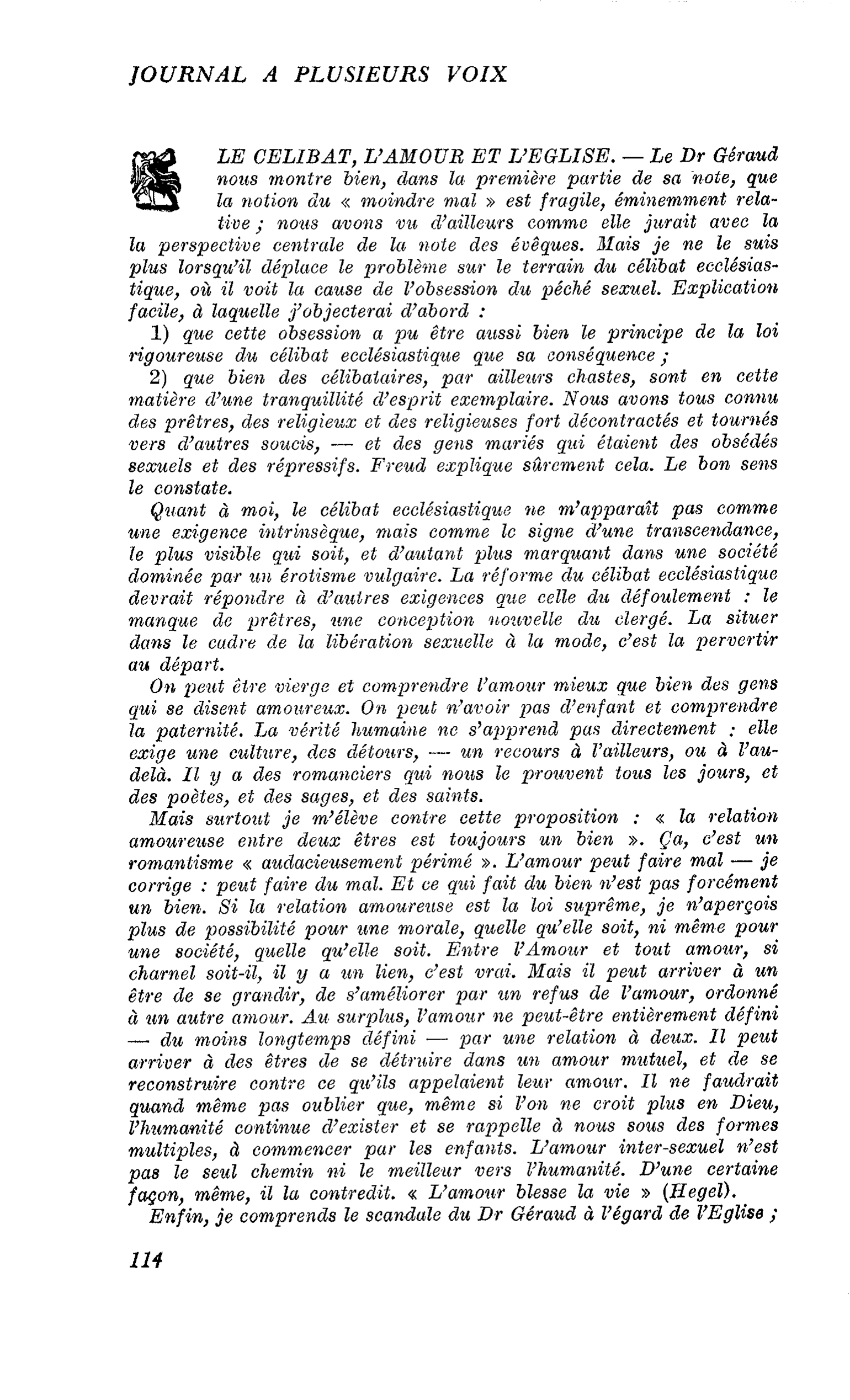 LE CELIBAT, L’AMOUR ET L’EGLISE
