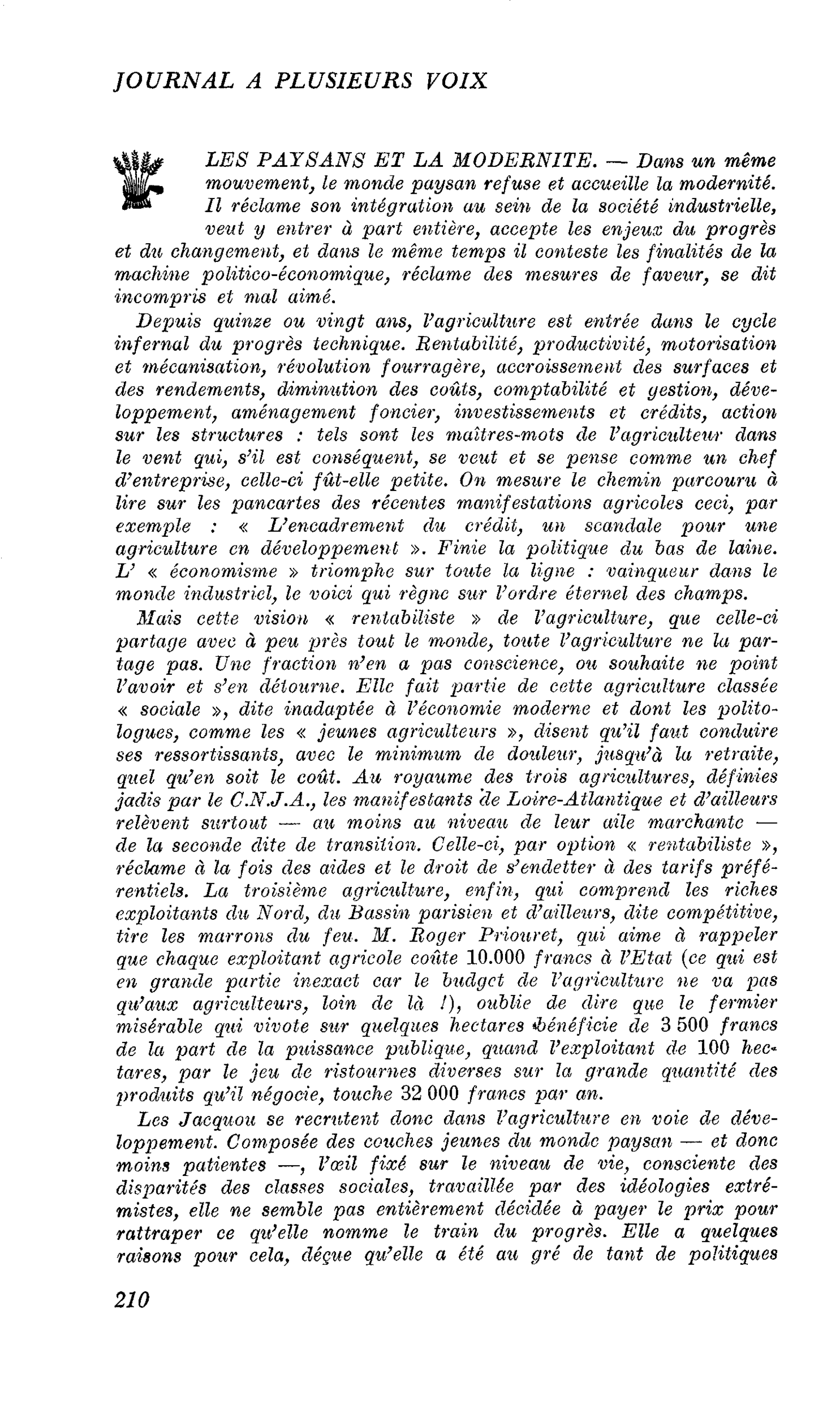 LES PAYSANS ET LA MODERNITE