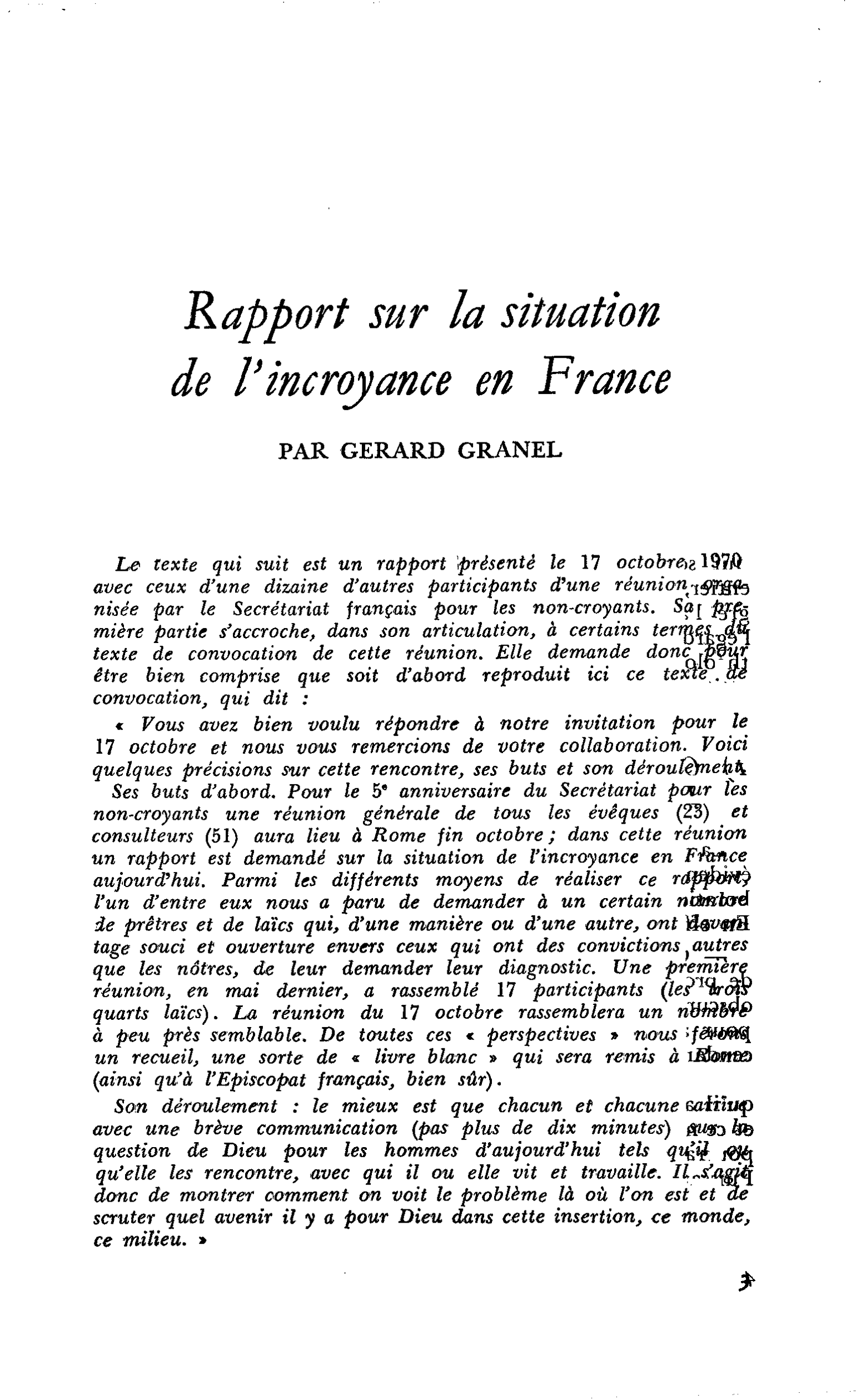 Rapport sur la situation de l’incroyance en France