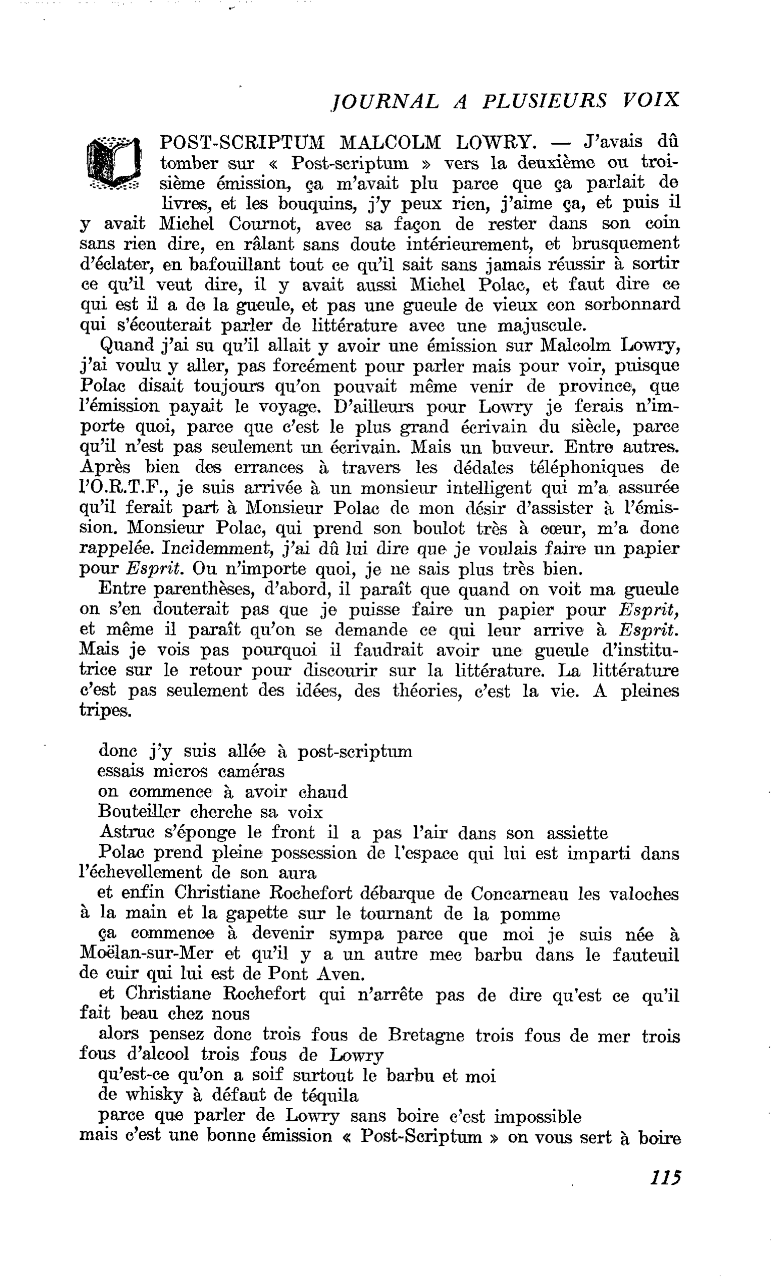 POST-SCRIPTUM MALCOLM LOWRY